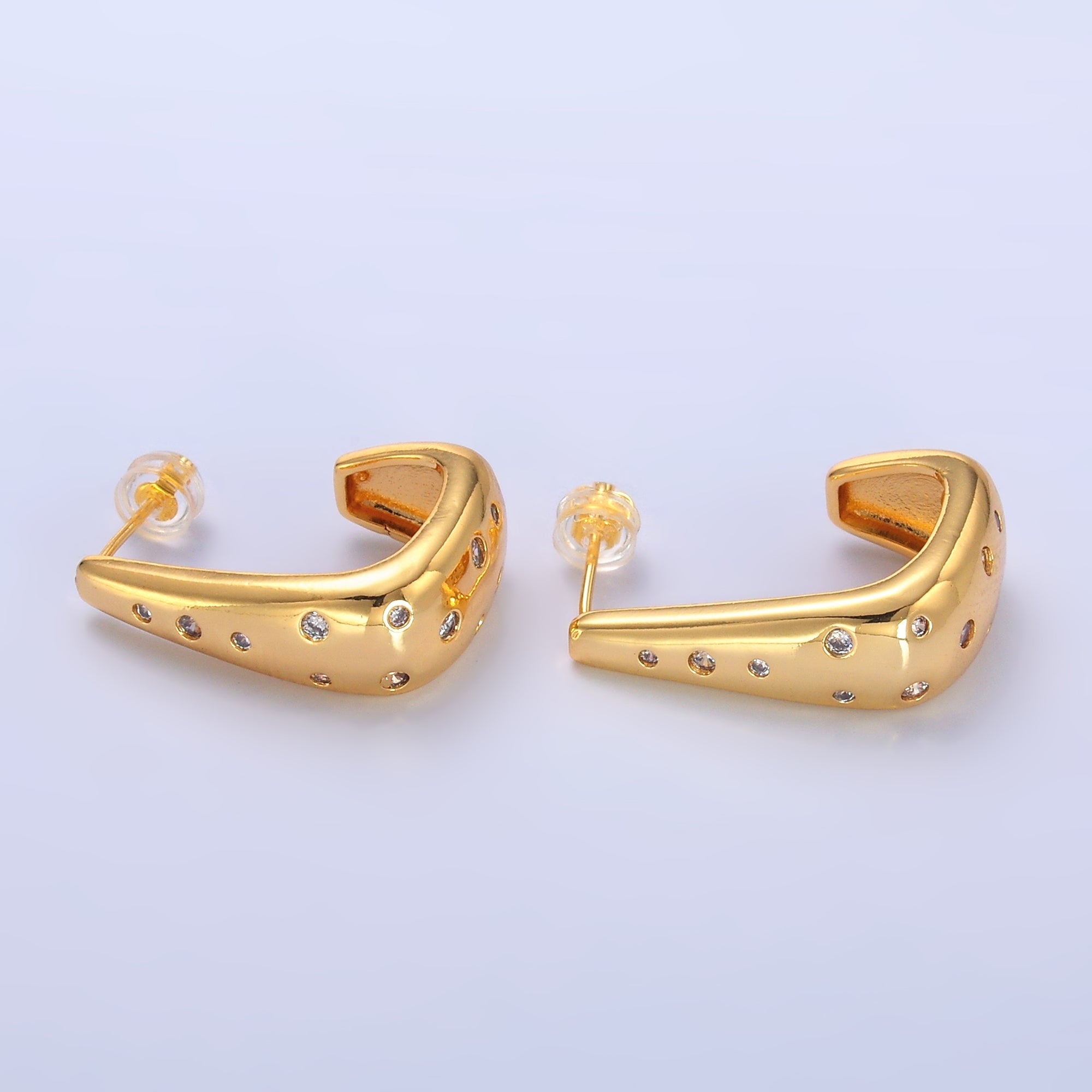 24K Gold Filled 25mm Clear CZ Dotted J-Shaped Hoop Earrings | AD200