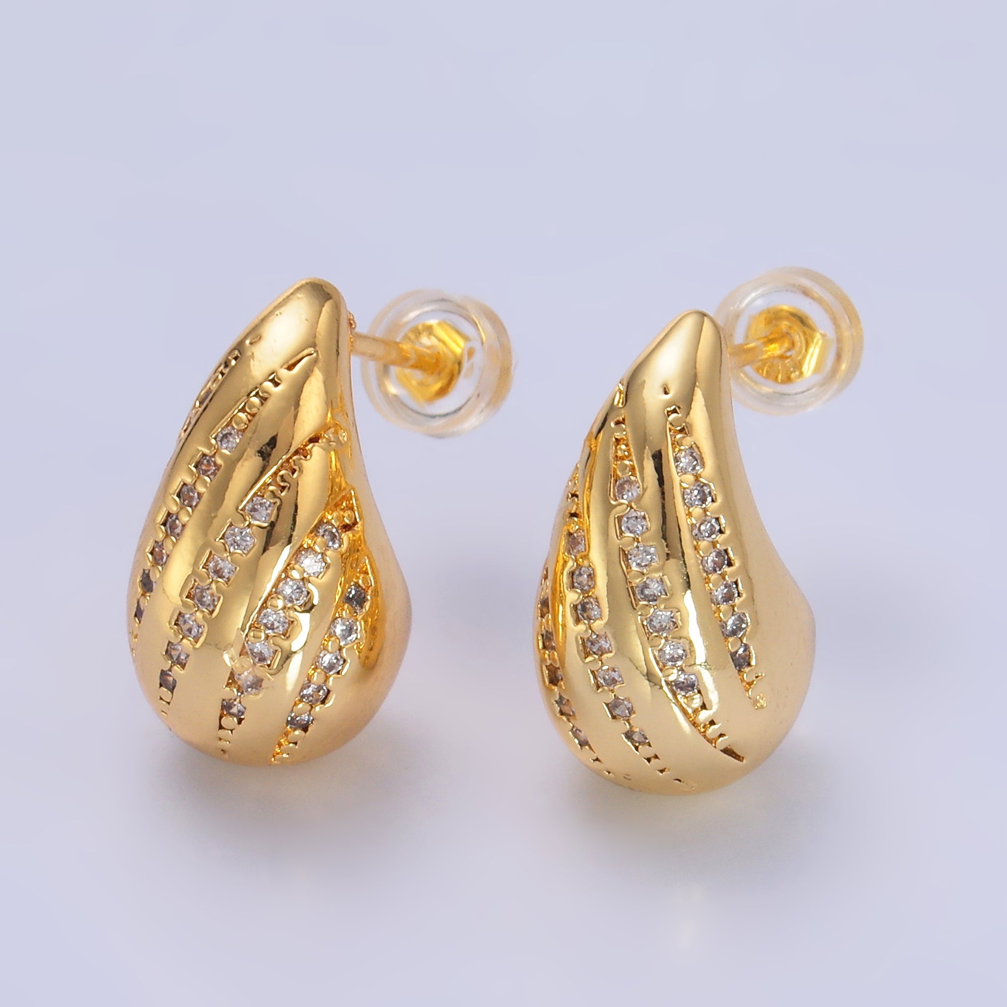 24K Gold Filled Linear Micro Paved CZ Teardrop Dome Hoop Stud Earrings | AD212