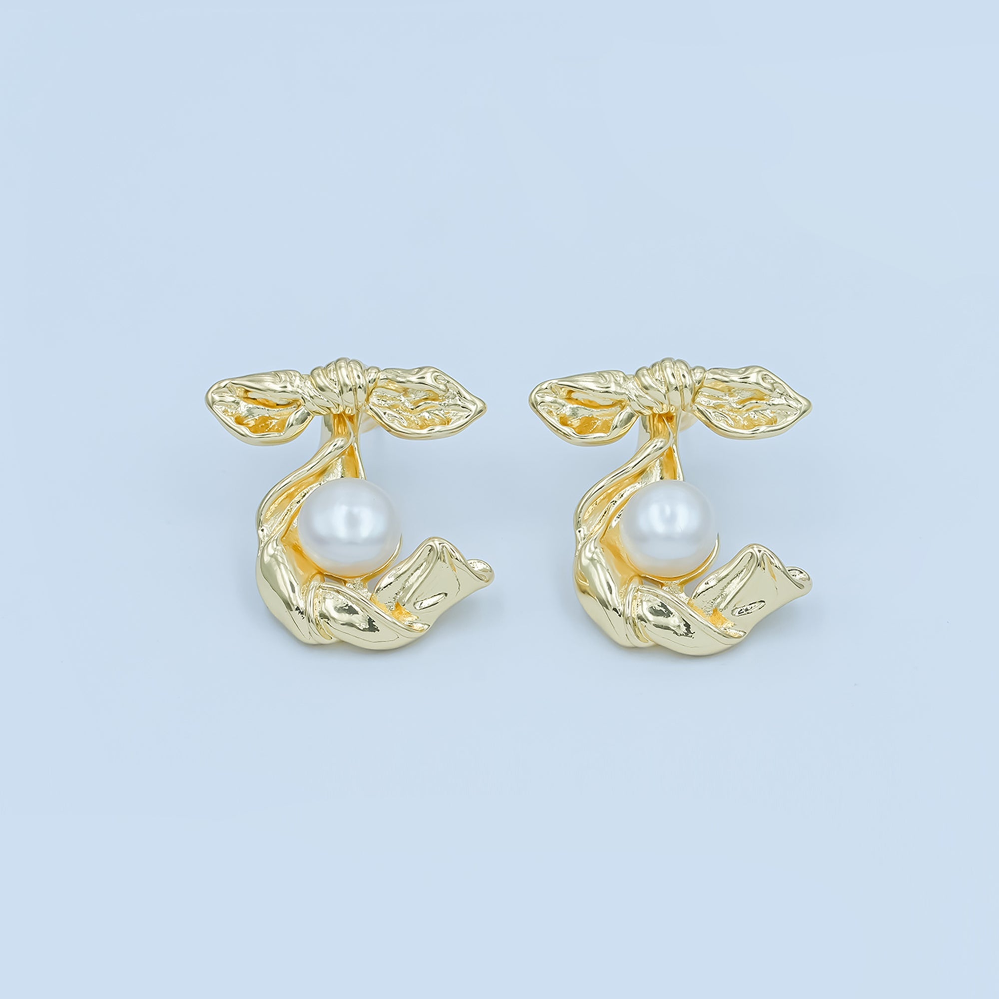 24K Gold Filled Shell Pearl Ribbon Bow Drop Stud Earrings | AD363