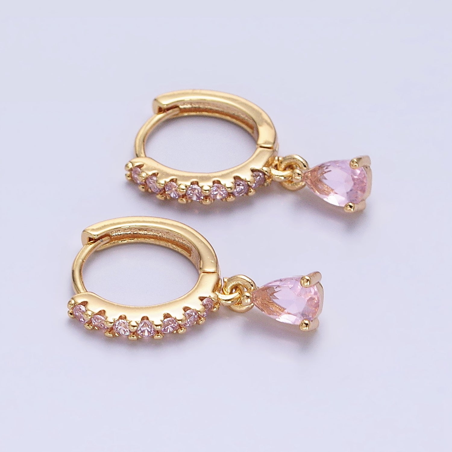 Silver, Gold Pink Teardrop Micro Paved CZ Drop Dangle Huggie Earrings | AB1099 AD786
