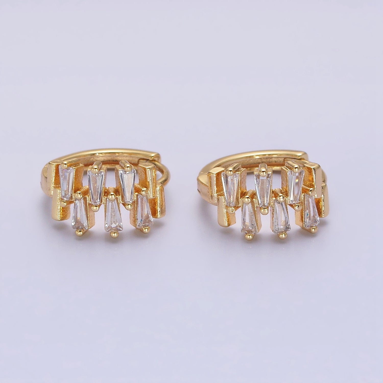 Silver, Gold Double Clear Baguette Lined 15mm Huggie Earrings | AB1091 AD789 - DLUXCA