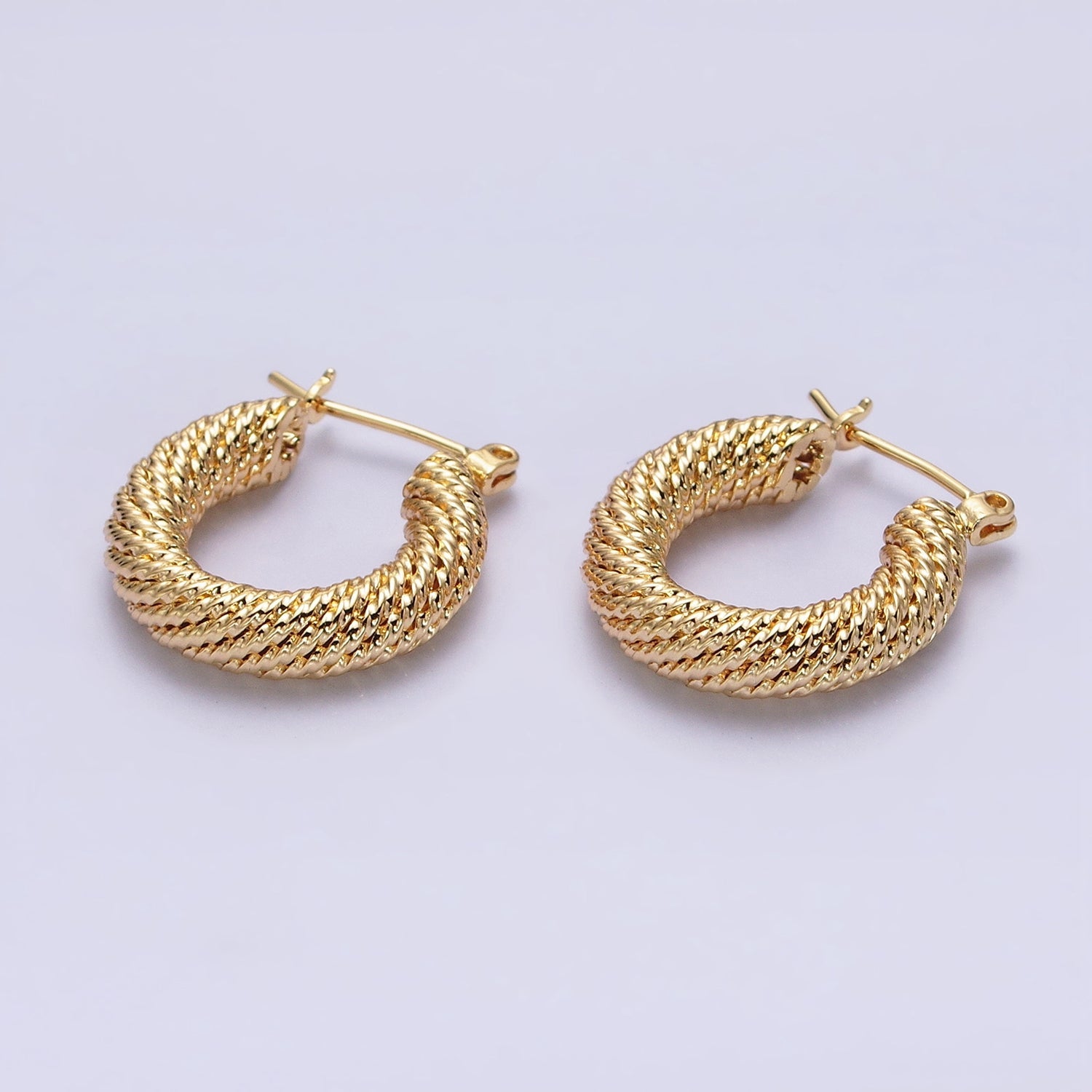 16K Gold Filled 20mm Rope Line Textured Tube Hoop Latch Earrings in Gold & Silver | AD802 AD803 - DLUXCA