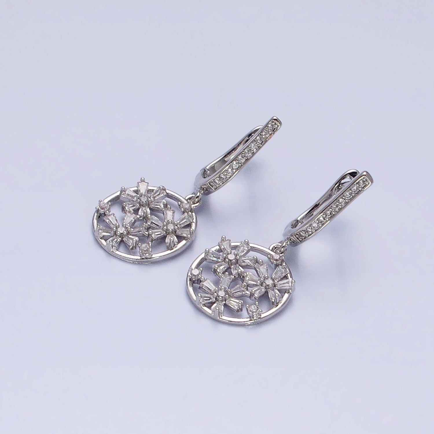 Gold, Silver Open Flowers Baguette Micro Paved CZ English Lock Earrings | AD808 AD809 - DLUXCA
