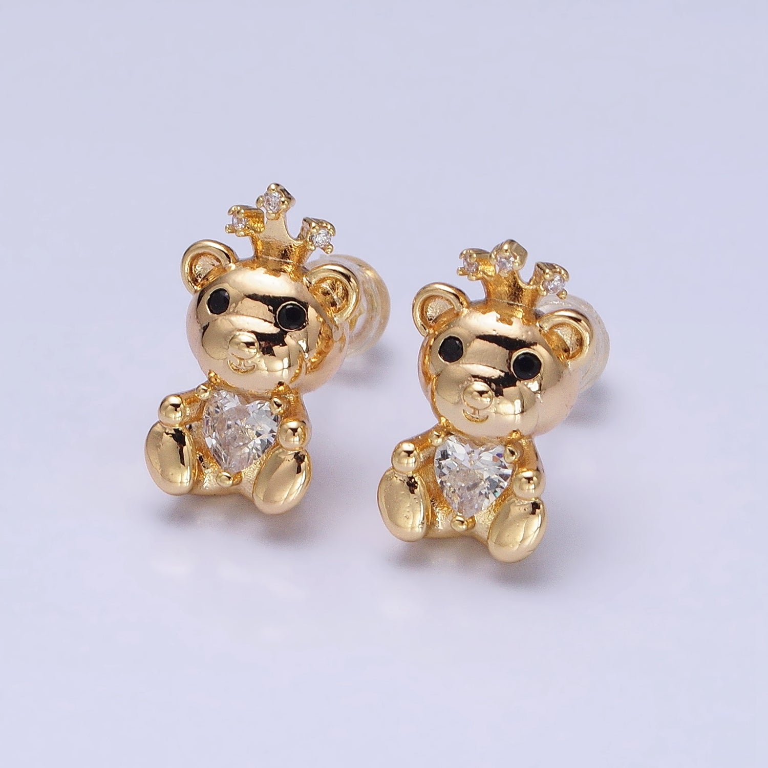 16K Gold Filled Crowned King Teddy Bear Clear CZ Heart Stud Earrings | AD822 - DLUXCA