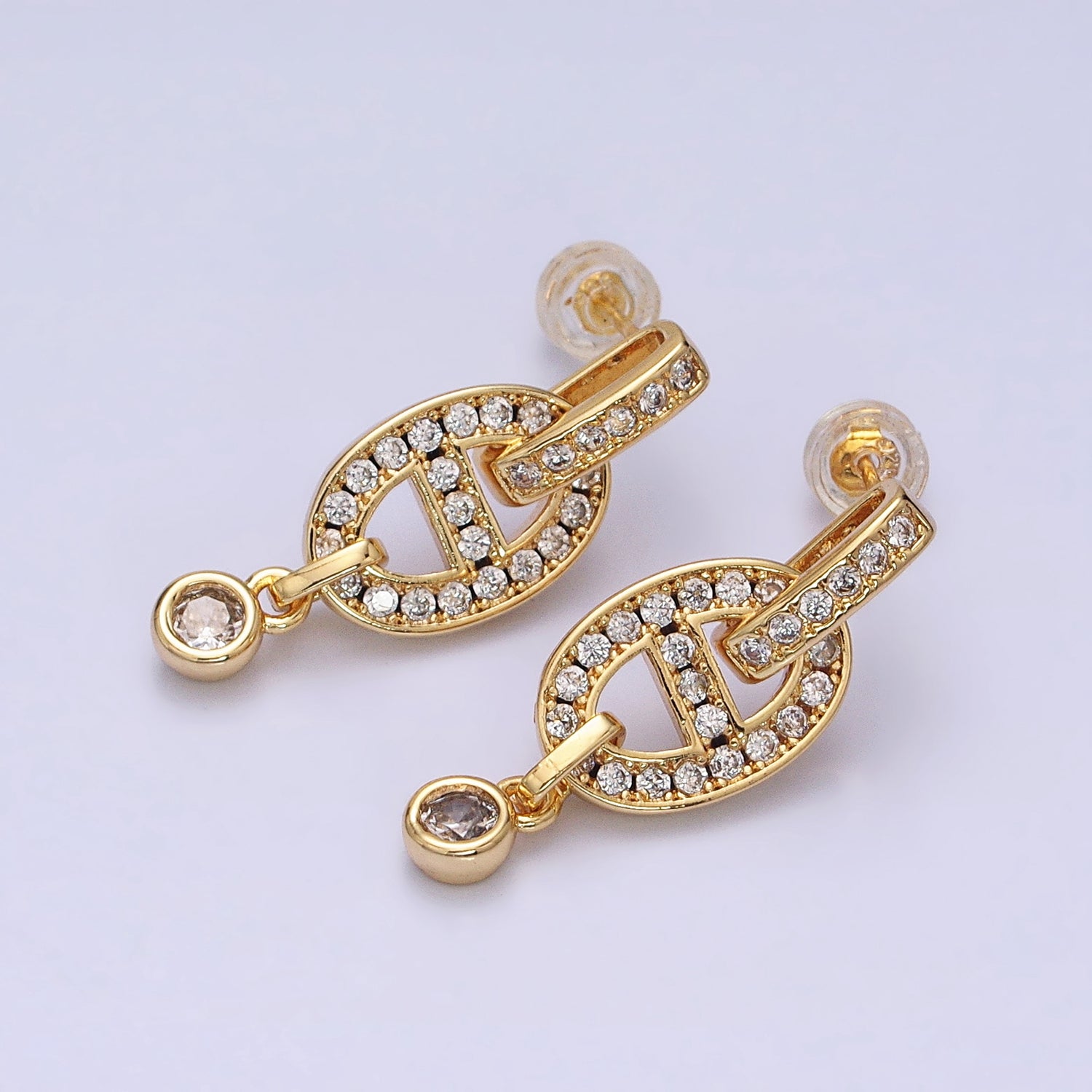 16K Gold Filled Mariner Anchor Link Micro Paved Clear CZ Drop Bar Stud Earrings in Gold & Silver | AD829 AD830 - DLUXCA