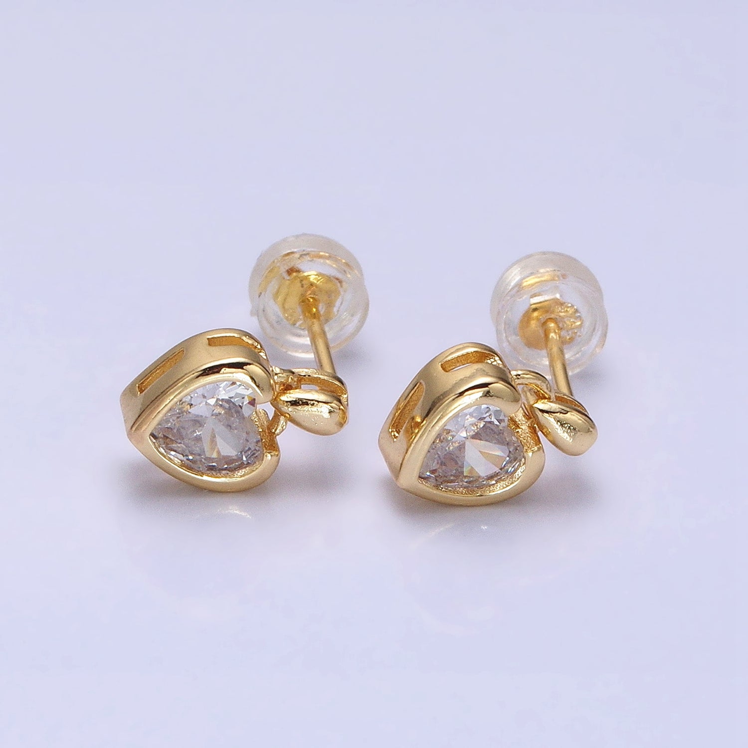 16K Gold Filled Clear CZ Heart Drop Stud Earrings in Gold & Silver | AD843 AD844 - DLUXCA