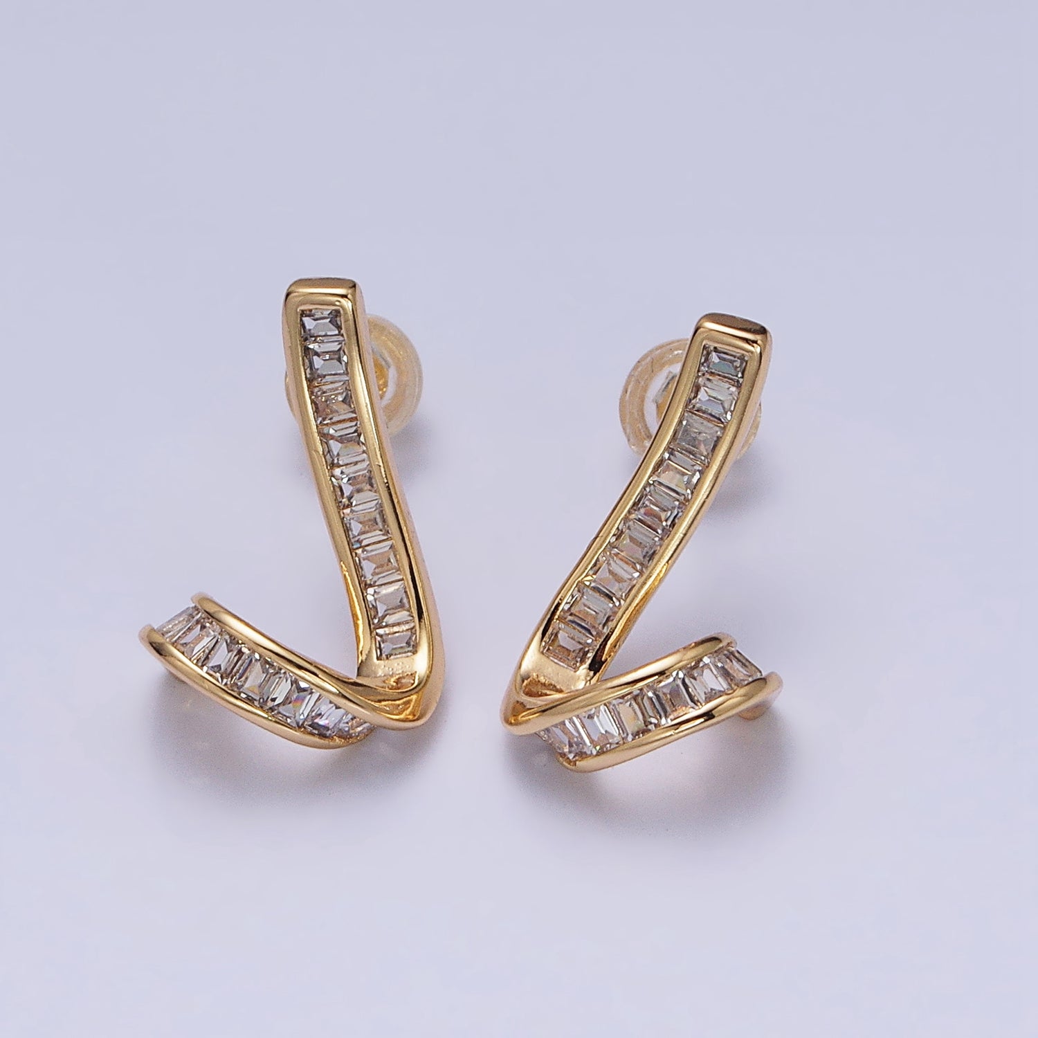 Gold, Silver Geometric Clear Baguette Bar Twirl Stud Earrings | AD893 AD894