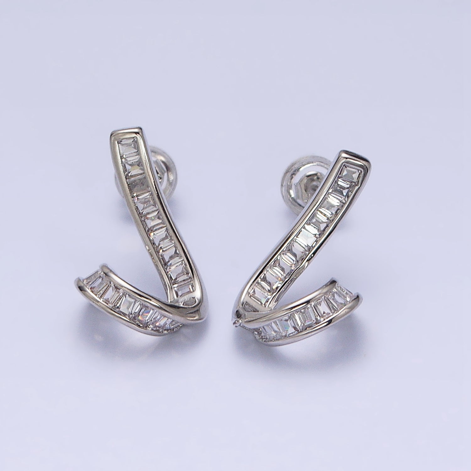 Gold, Silver Geometric Clear Baguette Bar Twirl Stud Earrings | AD893 AD894