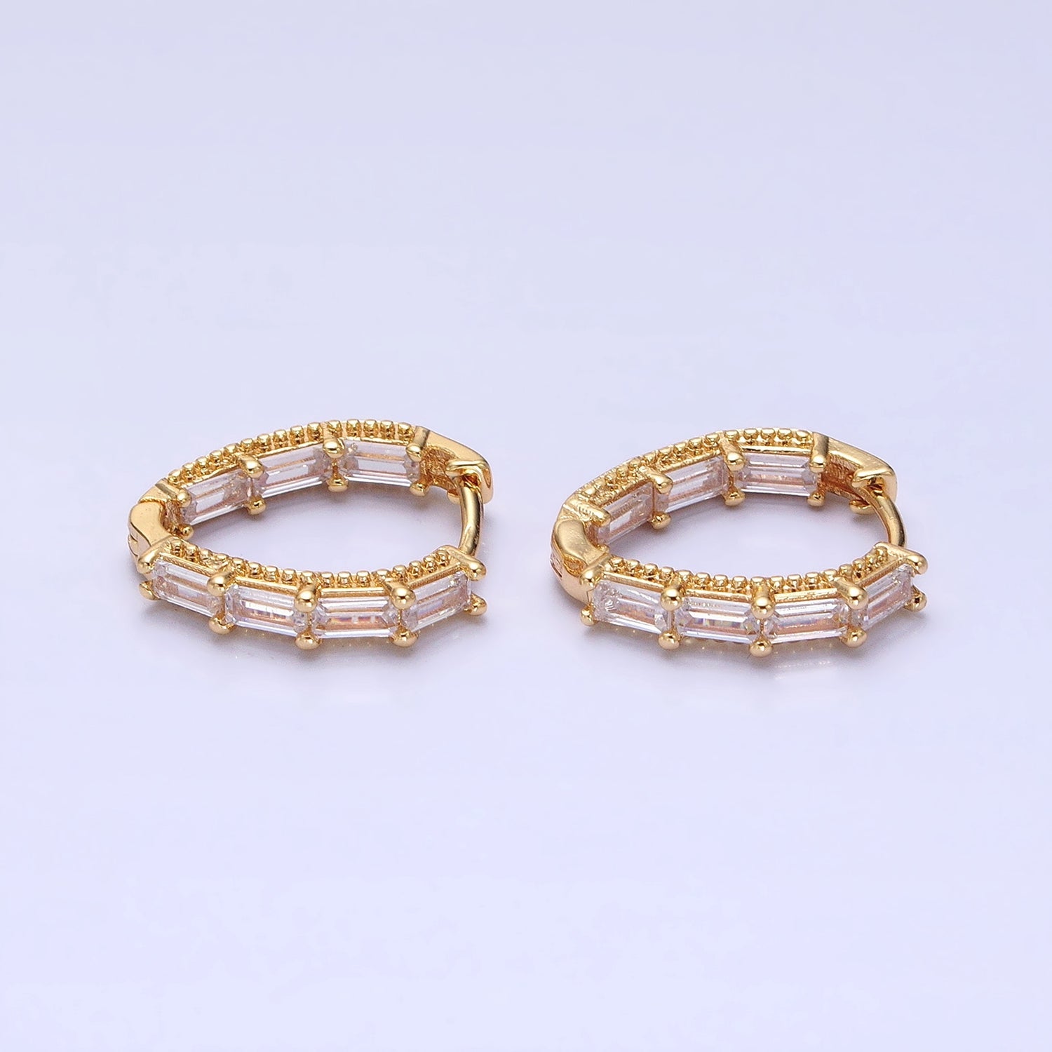 16K Gold Filled Clear Baguette CZ Front-Sided Triangle Hoop Earrings in Gold & Silver | AD909 AD910