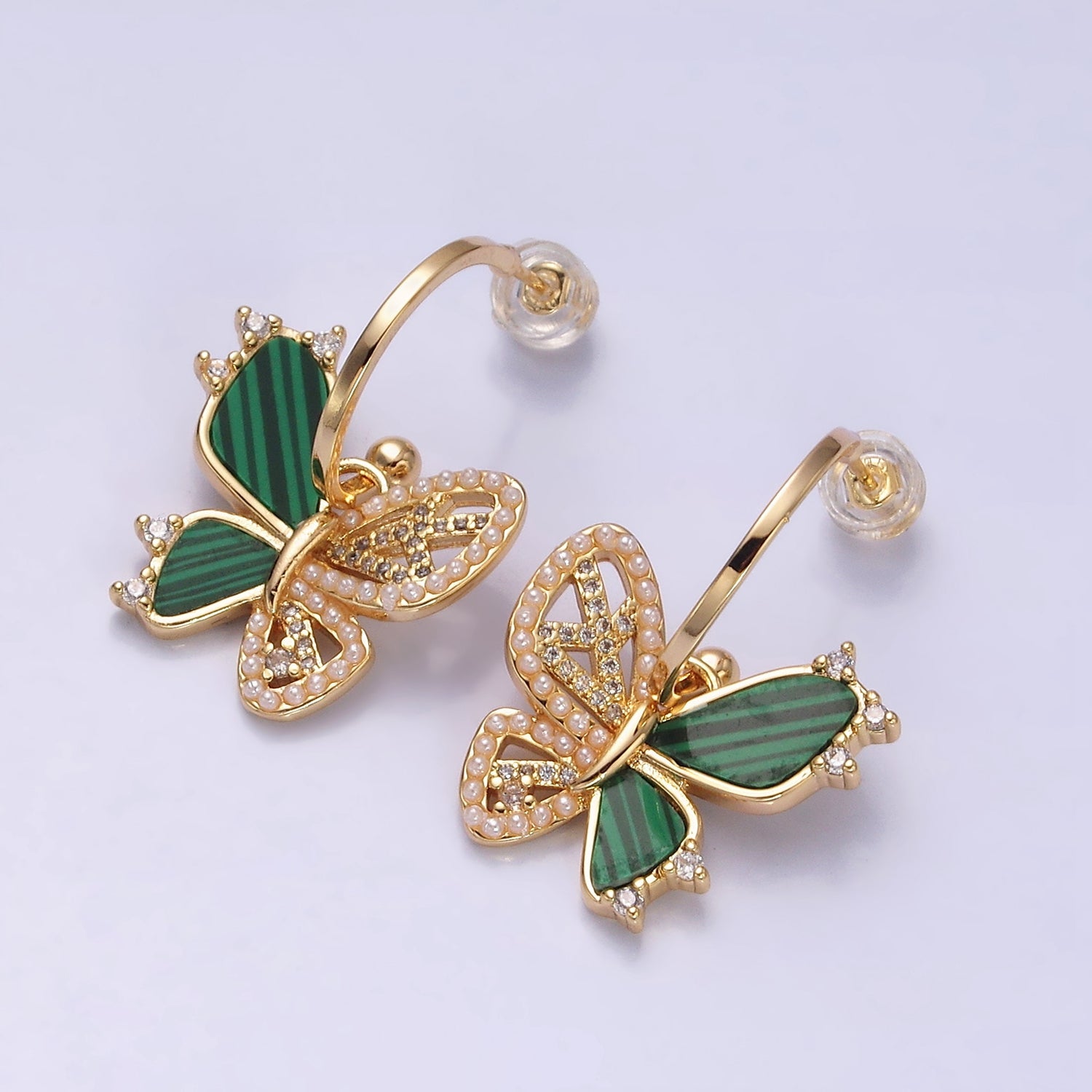 16K Gold Filled Pearl Malachite Butterfly Wings Drop C-Shaped Hoop Earrings in Gold & Silver | AD976 AD977 - DLUXCA