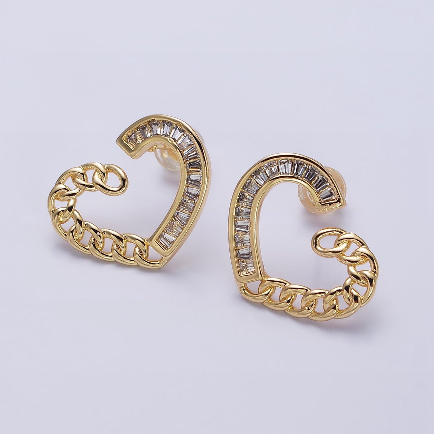 16K Gold Filled Heart Curb Link Baguette Lined Stud Earrings in Gold & Silver | AD988 AD989 - DLUXCA