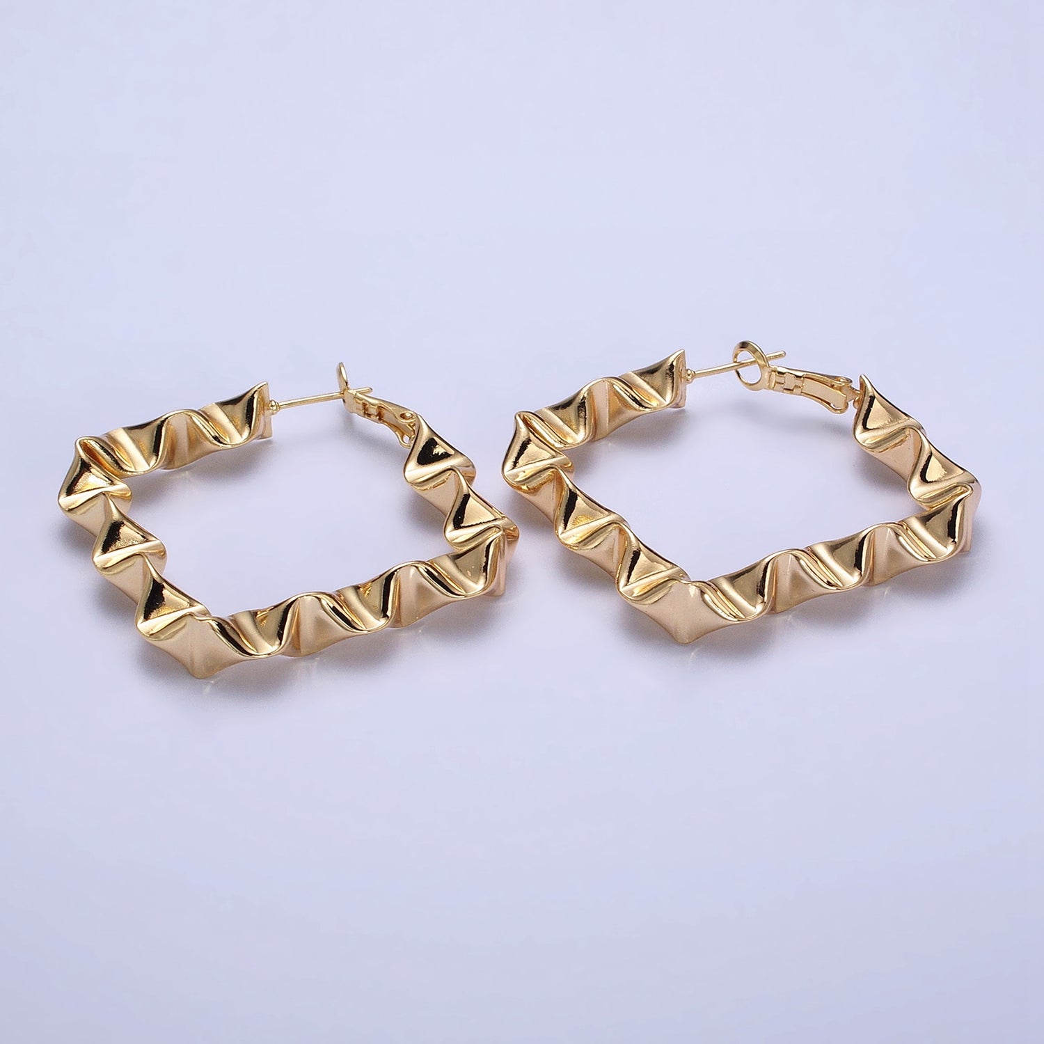 Gold Wavy Rhombus Hoops Lever Back Hoops Statement Gold Hoops 16K Gold Filled Earring 41mm AD996 AD997