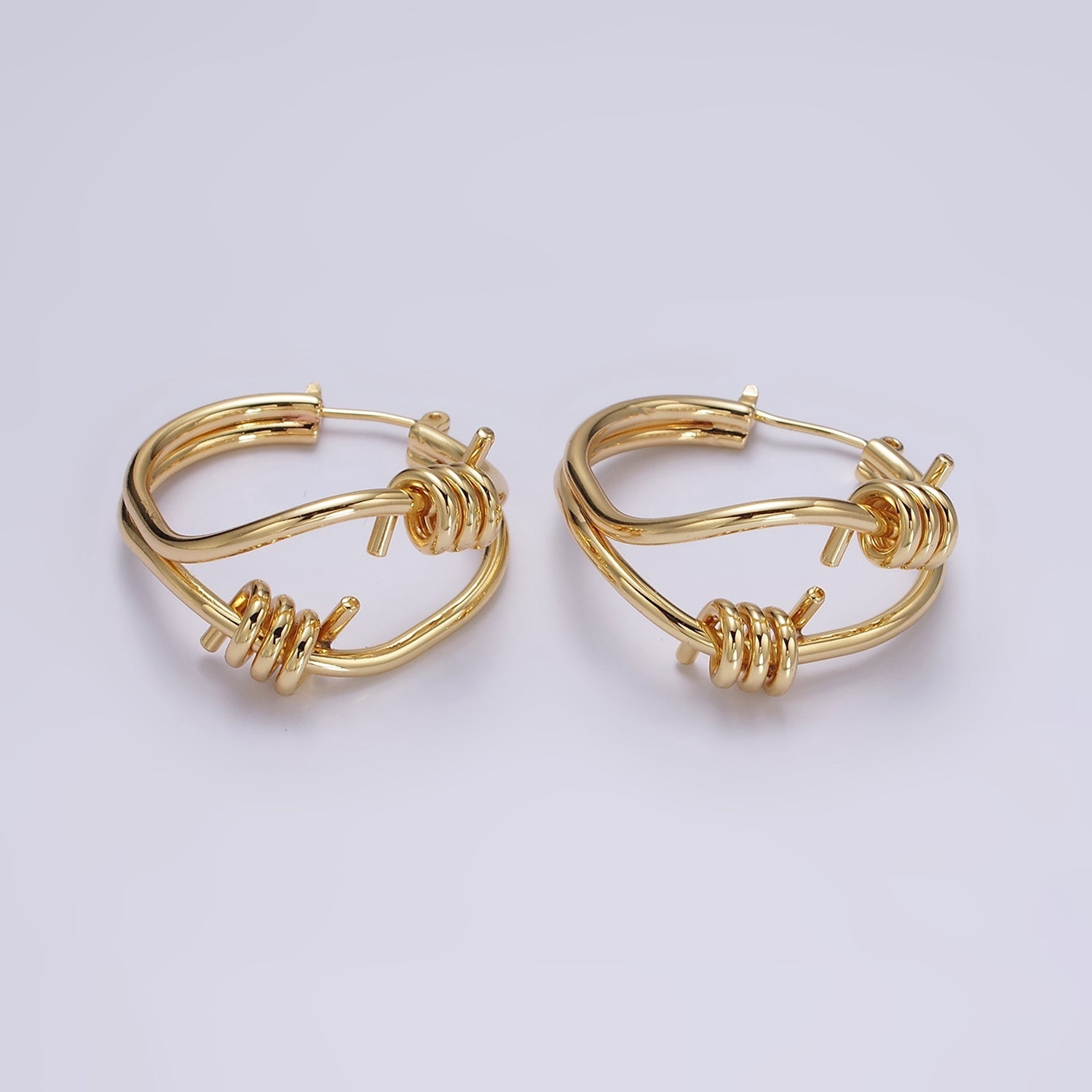 24K Gold Filled 30mm Double Spiral Abstract Band French Lock Latch Hoop Earrings in Gold & Silver | AE090 AE091