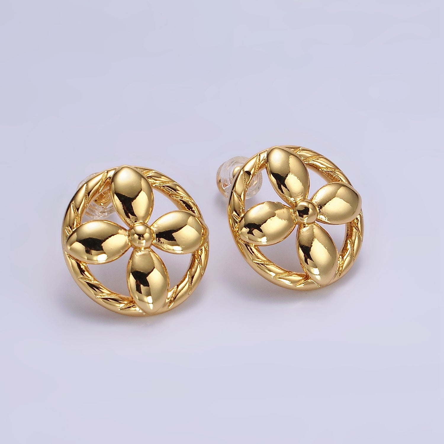 14K Gold Filled Flower Nature Open Lined Braided Round Stud Earrings | AE1004 - DLUXCA