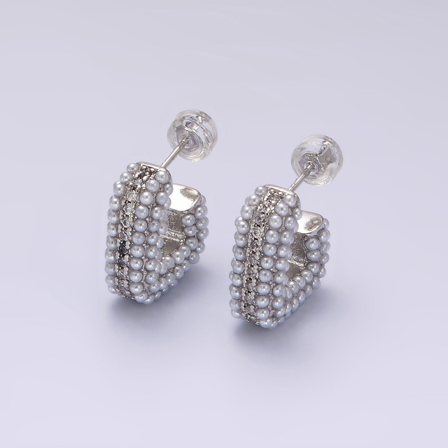 14K Gold FIlled 15mm Pearl Micro Paved CZ Lined Boxy J-Shaped Earrings in Gold & Silver | AE1007 AE1008