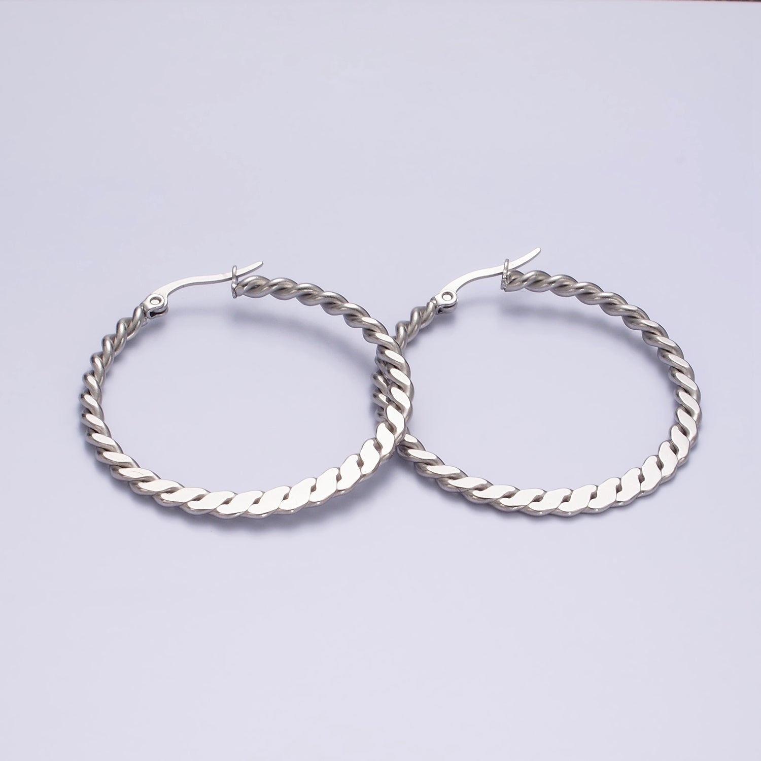 Stainless Steel 40mm Braided Twist Flat Geometric French Lock Latch Hoop Earrings | AE100 - DLUXCA