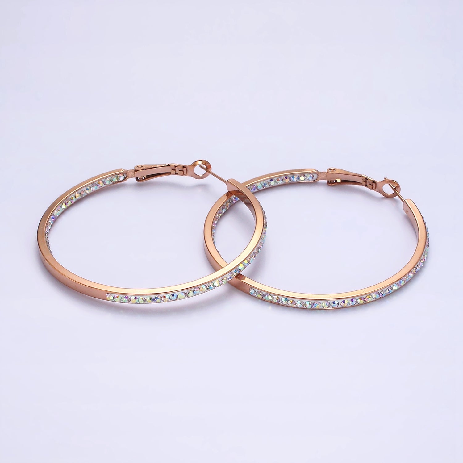 Stainless Steel 50mm, 40mm Iridescent CZ Lined Front-Facing Hinge Hoop Earrings | AE101 AE102