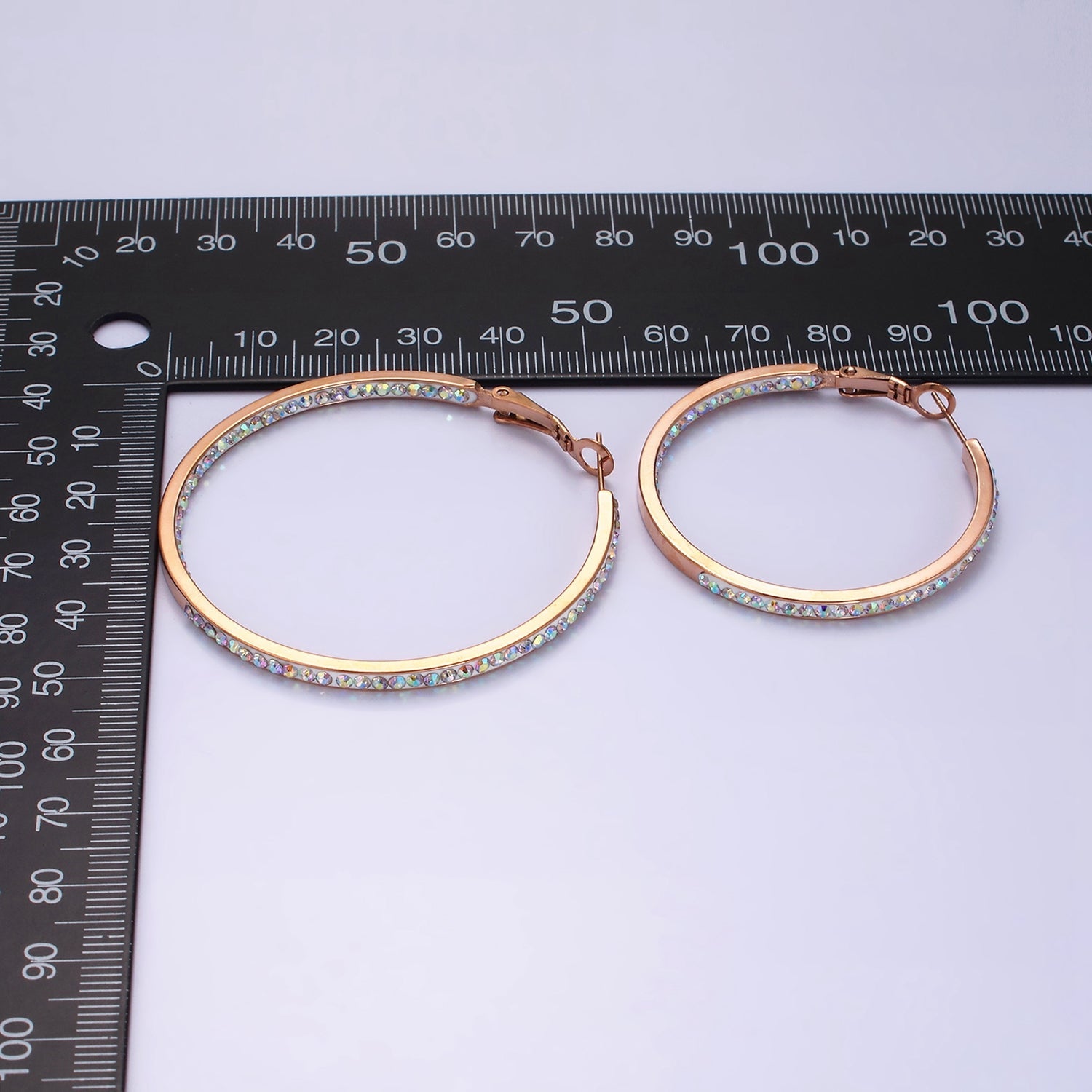 Stainless Steel 50mm, 40mm Iridescent CZ Lined Front-Facing Hinge Hoop Earrings | AE101 AE102 - DLUXCA