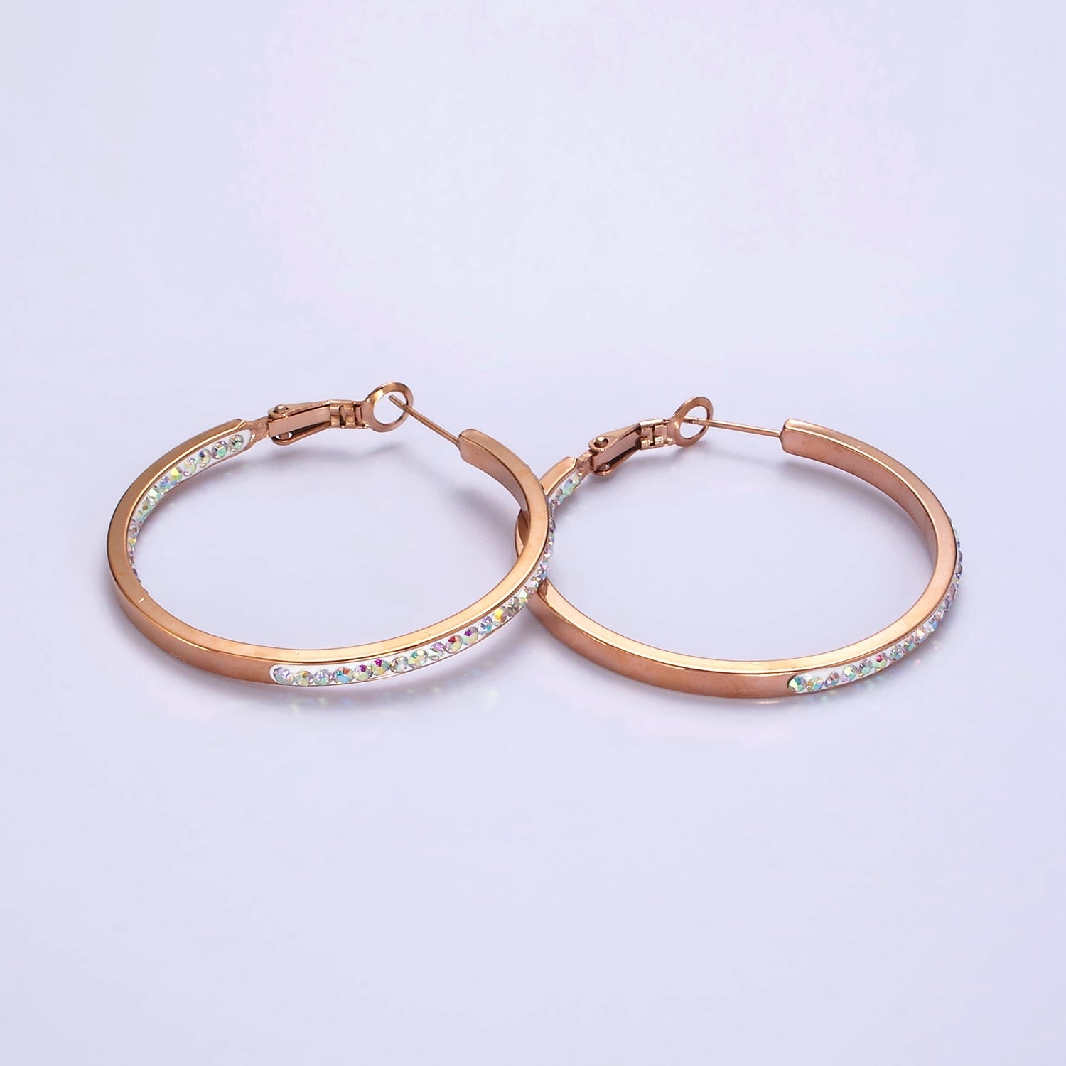 Stainless Steel 50mm, 40mm Iridescent CZ Lined Front-Facing Hinge Hoop Earrings | AE101 AE102 - DLUXCA