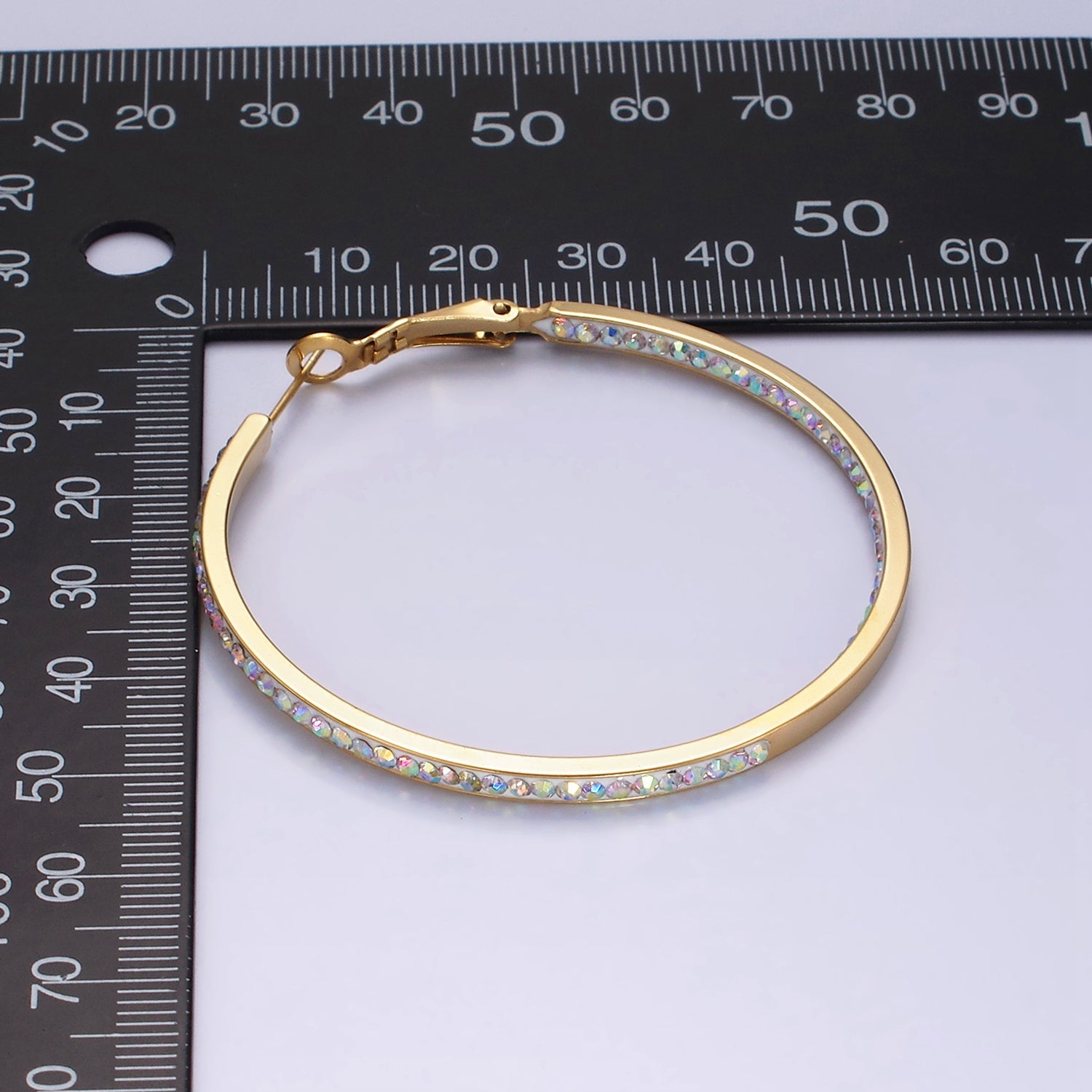 Stainless Steel 50mm Iridescent CZ Lined Front-Facing Hinge Hoop Earrings | AE103 - DLUXCA