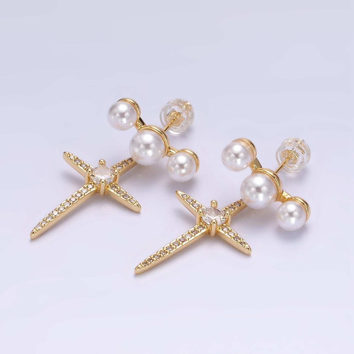 14K Gold Filled Celestial North Star Micro Paved CZ Triple Pearl Stud Earrings in Gold & Silver | AE-1041 AE-926