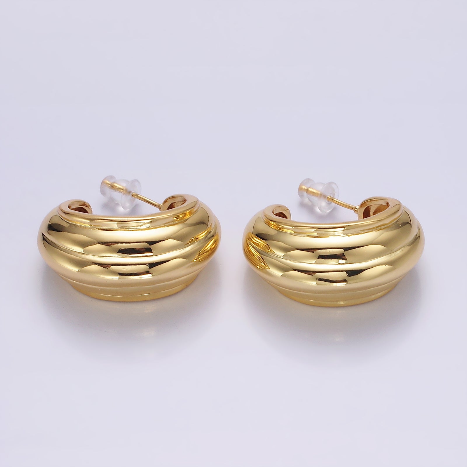 14K Gold Filled 30mm Multiple Line Dome C-Shaped Hoop Earrings in Silver & Gold | AE104 AE105 - DLUXCA