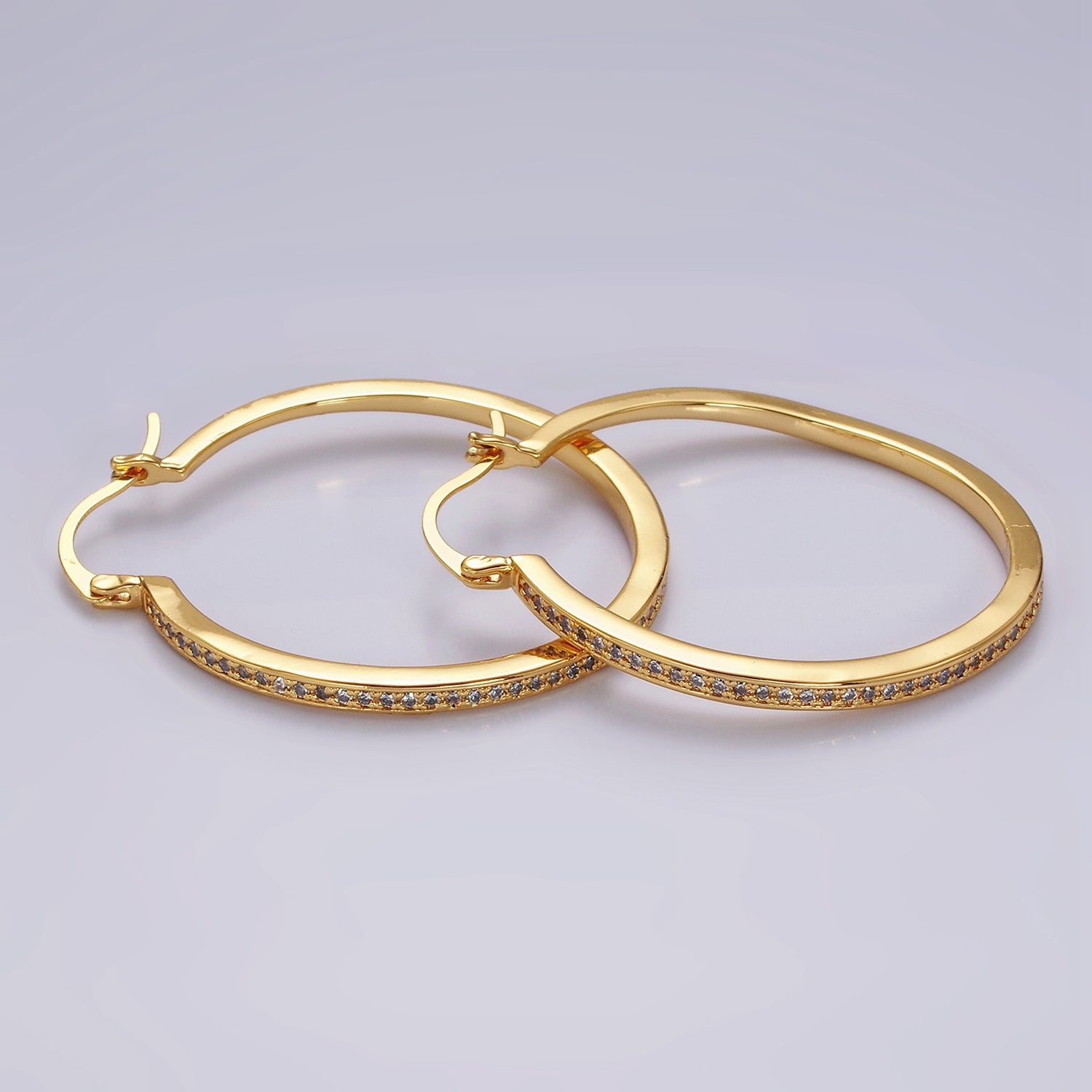 14K Gold Filled 30mm, 40mm, 50mm Clear CZ Lined Latch Hoop Earrings in Gold & Silver | AE145 - AE150 - DLUXCA