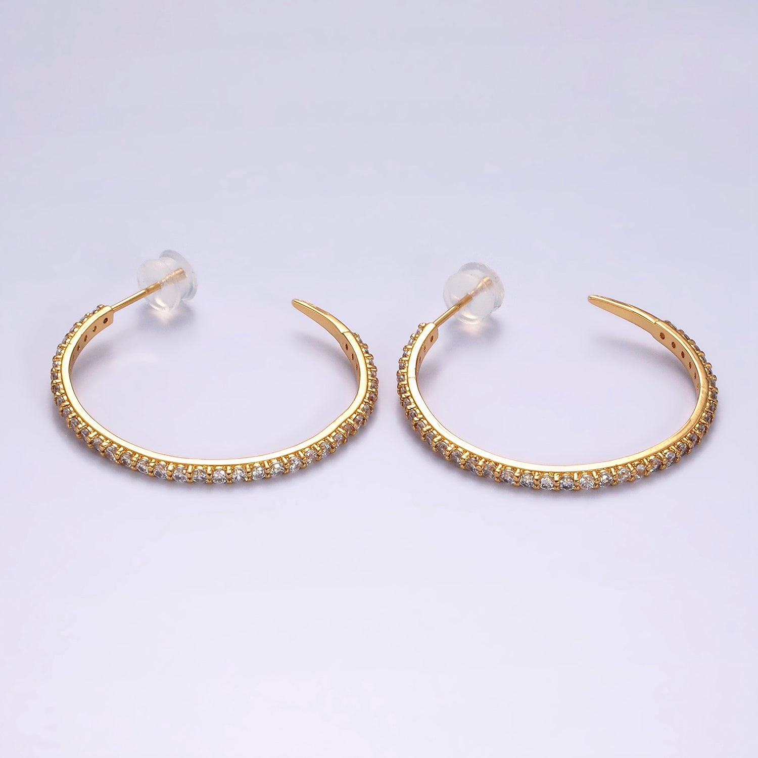 14K Gold Filled 35mm Clear CZ Lined C-Shaped Hoop Earrings in Gold & Silver | AE153 AE154 - DLUXCA