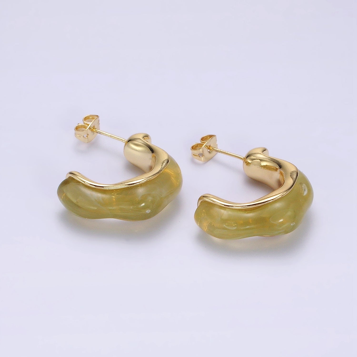 14K Gold Filled 25mm Green, Cream, Pink, Brown C-Shaped Resin Hoop Earrings | AE155 - AE158 - DLUXCA