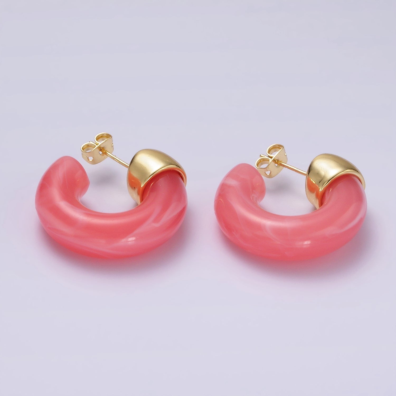 14K Gold Filled 25mm Green, Pink, Orange, White, Purple C-Shaped Resin Hoop Earrings | AE184 - AE188