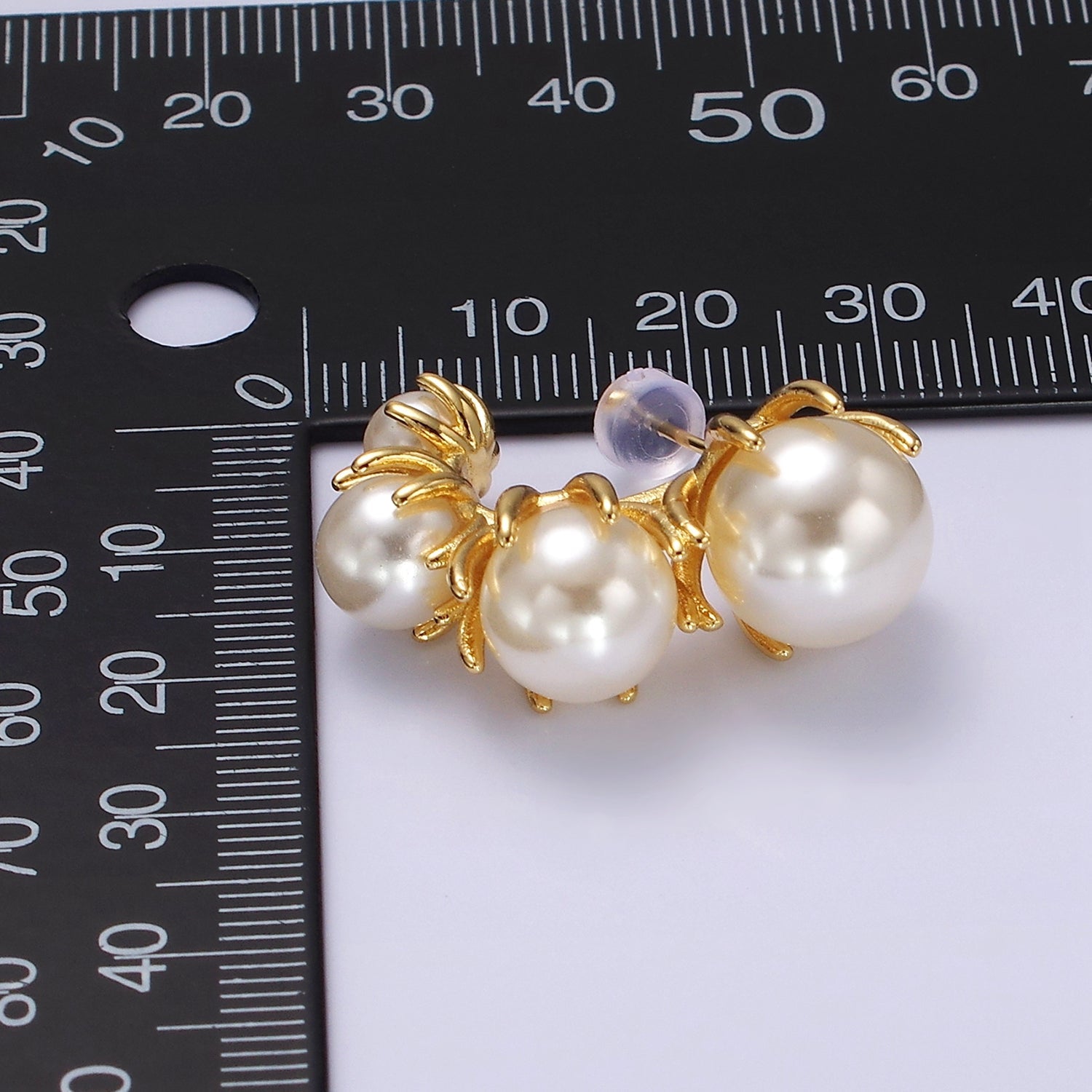 14K Gold Filled 30mm Pearl Curved Lined J-Shaped Hoop Earrings | AE195 - DLUXCA