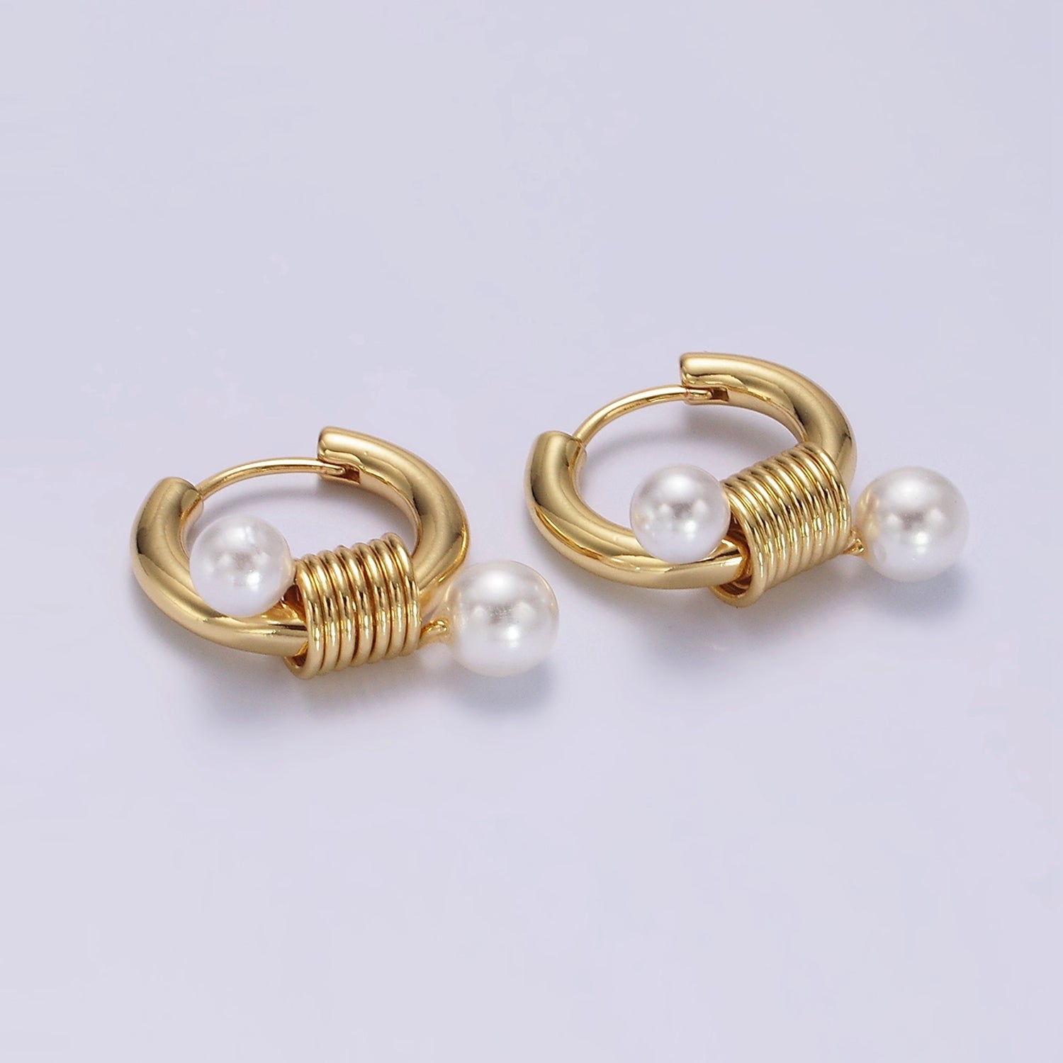 14K Gold Filled Double Pearl Spiral 20mm Huggie Earrings in Gold & Silver | AE197 AE198