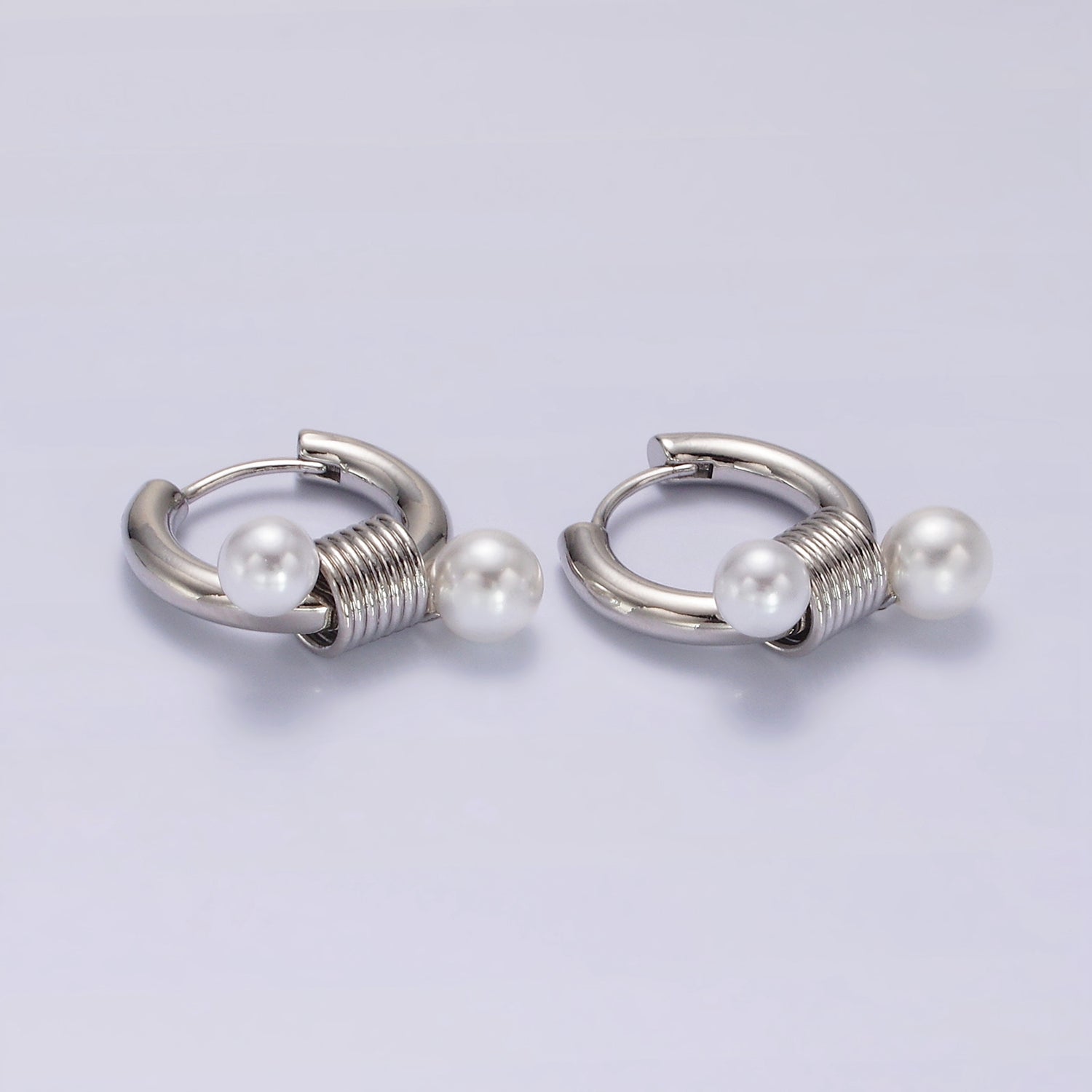 14K Gold Filled Double Pearl Spiral 20mm Huggie Earrings in Gold & Silver | AE197 AE198