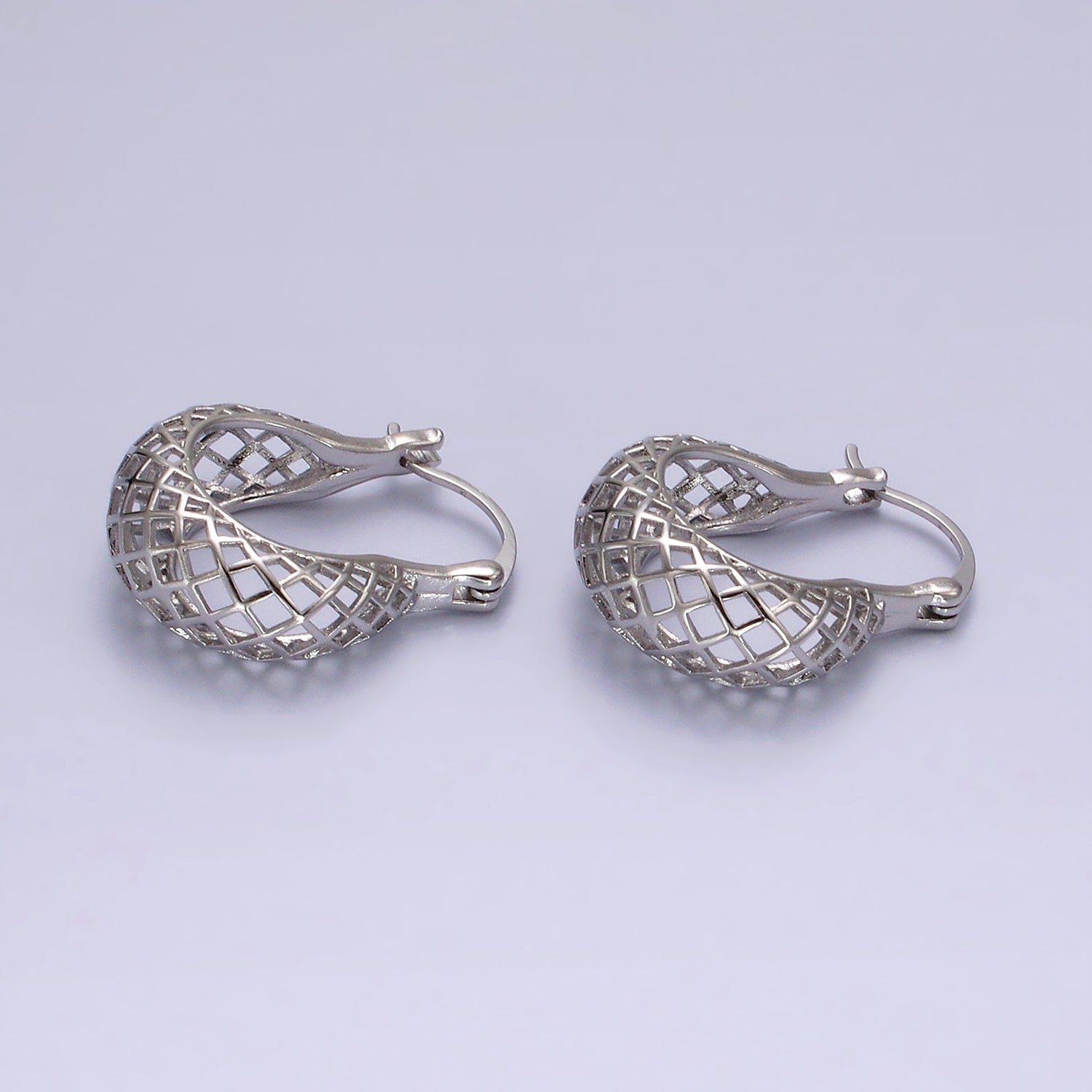 Rhodium Plated Rhombus Filigree Open Dome French Lock Latch Hoop Earrings | AE204 - DLUXCA