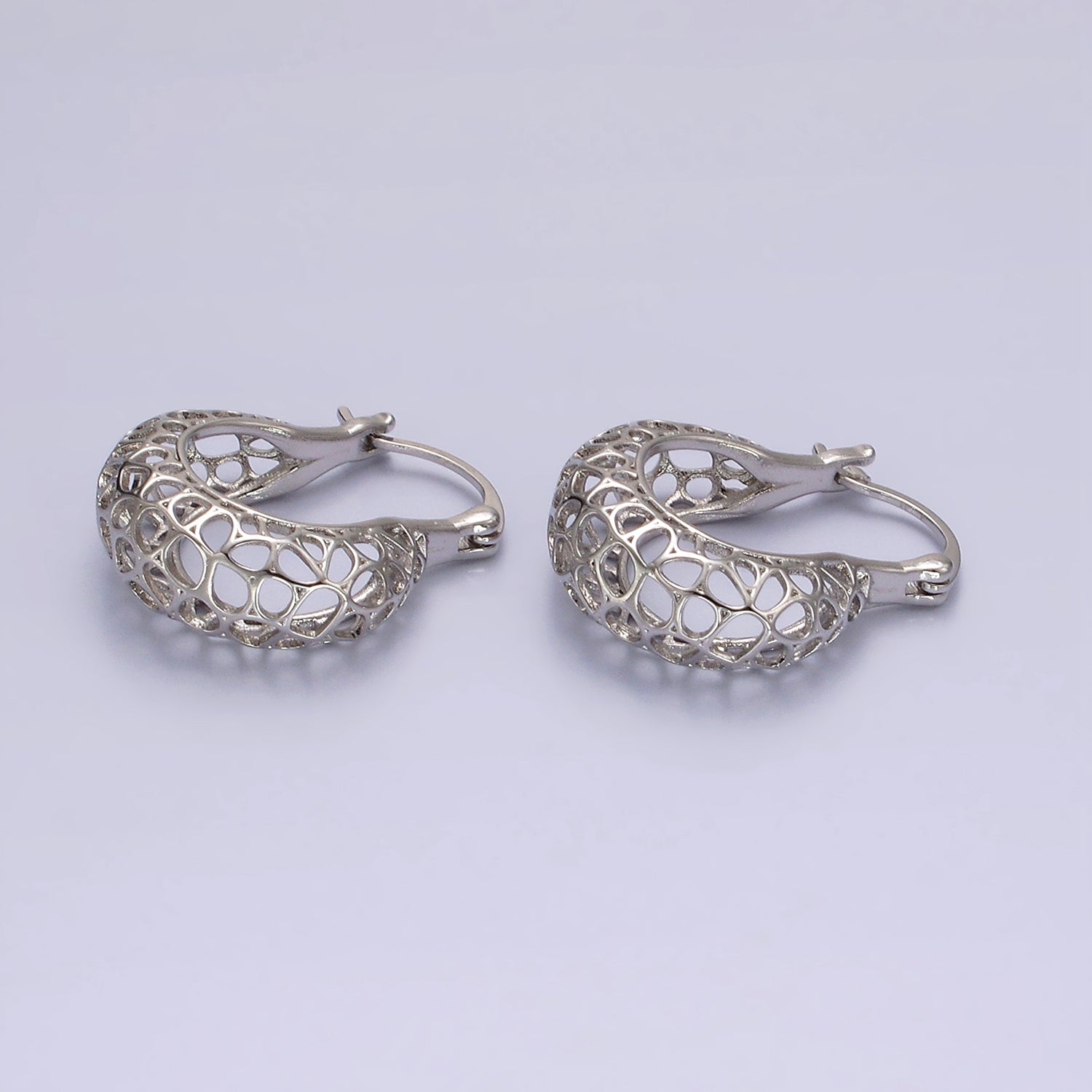 Rhodium Plated Geometric Filigree Open Dome French Lock Latch Hoop Earrings | AE206 - DLUXCA