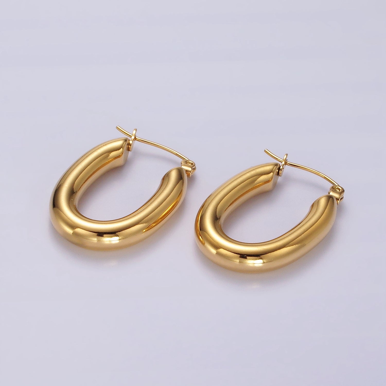 Stainless Steel 28mm Chubby Oblong Latch Hoop Earrings in Gold & Silver | AE210 AE211