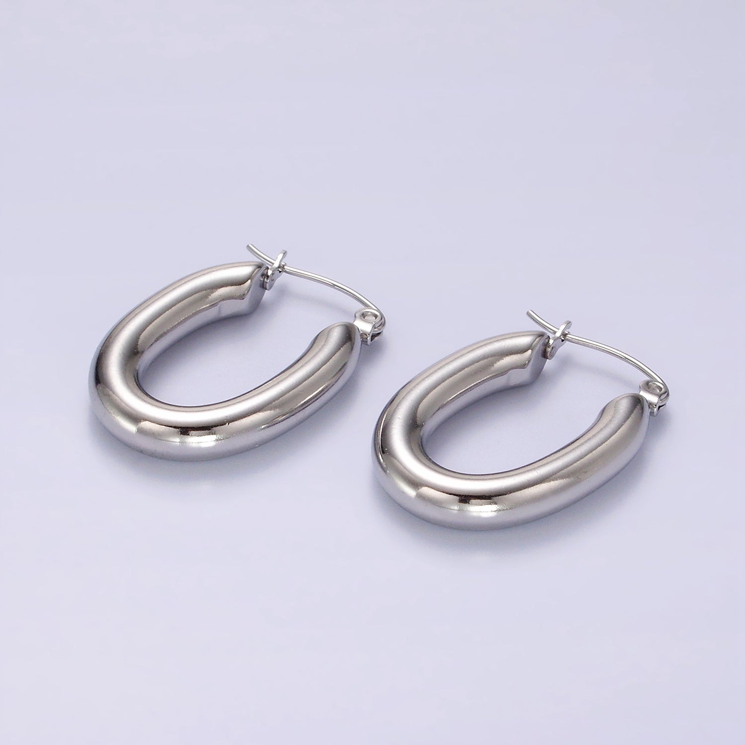 Stainless Steel 28mm Chubby Oblong Latch Hoop Earrings in Gold & Silver | AE210 AE211