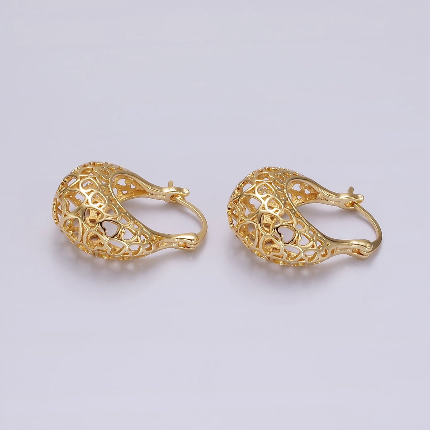 14K Gold Filled Heart Filigree Open Dome French Lock Latch Hoop Earrings | AE218 - DLUXCA