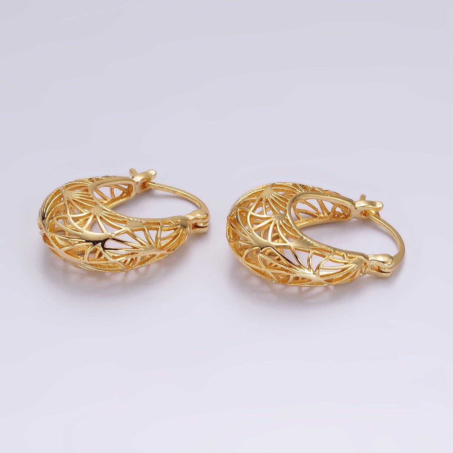 14K Gold Filled Curved Sunburst Filigree Open Dome French Lock Latch Hoop Earrings | AE219 - DLUXCA