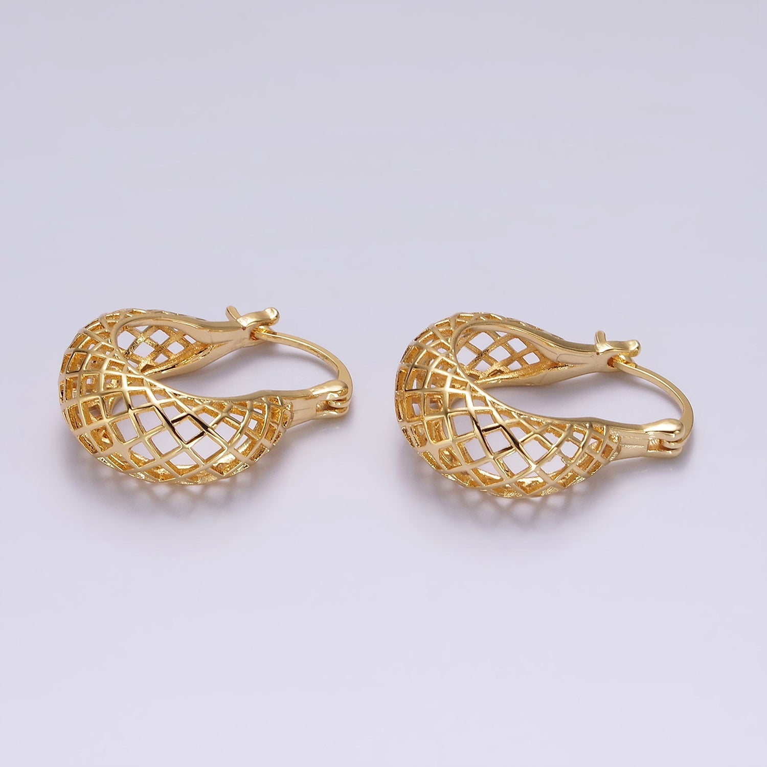 14K Gold Filled Rhombus Filigree Open Dome French Lock Latch Hoop Earrings | AE221 - DLUXCA