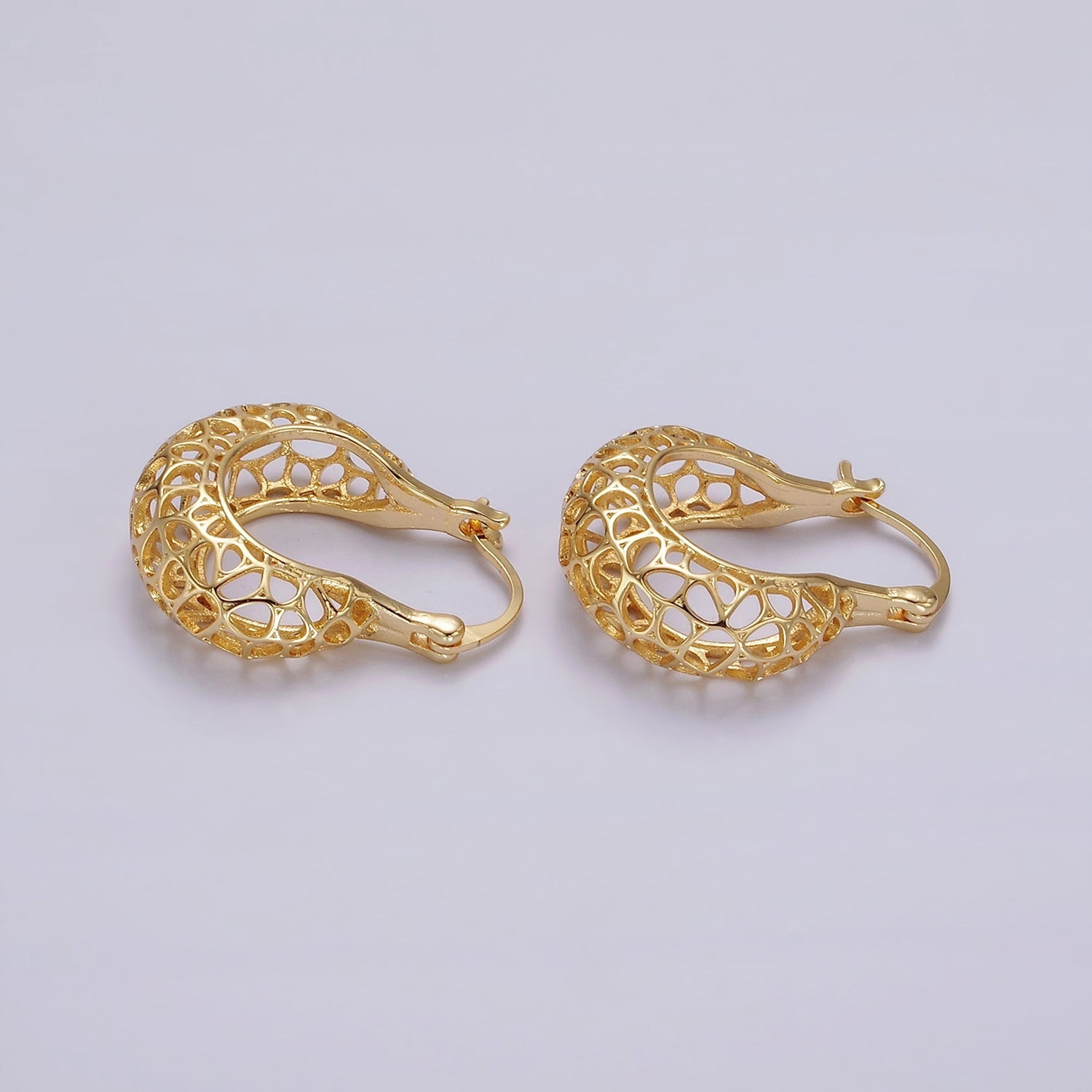 14K Gold Filled Geometric Filigree Open Dome French Lock Latch Hoop Earrings | AE222 - DLUXCA