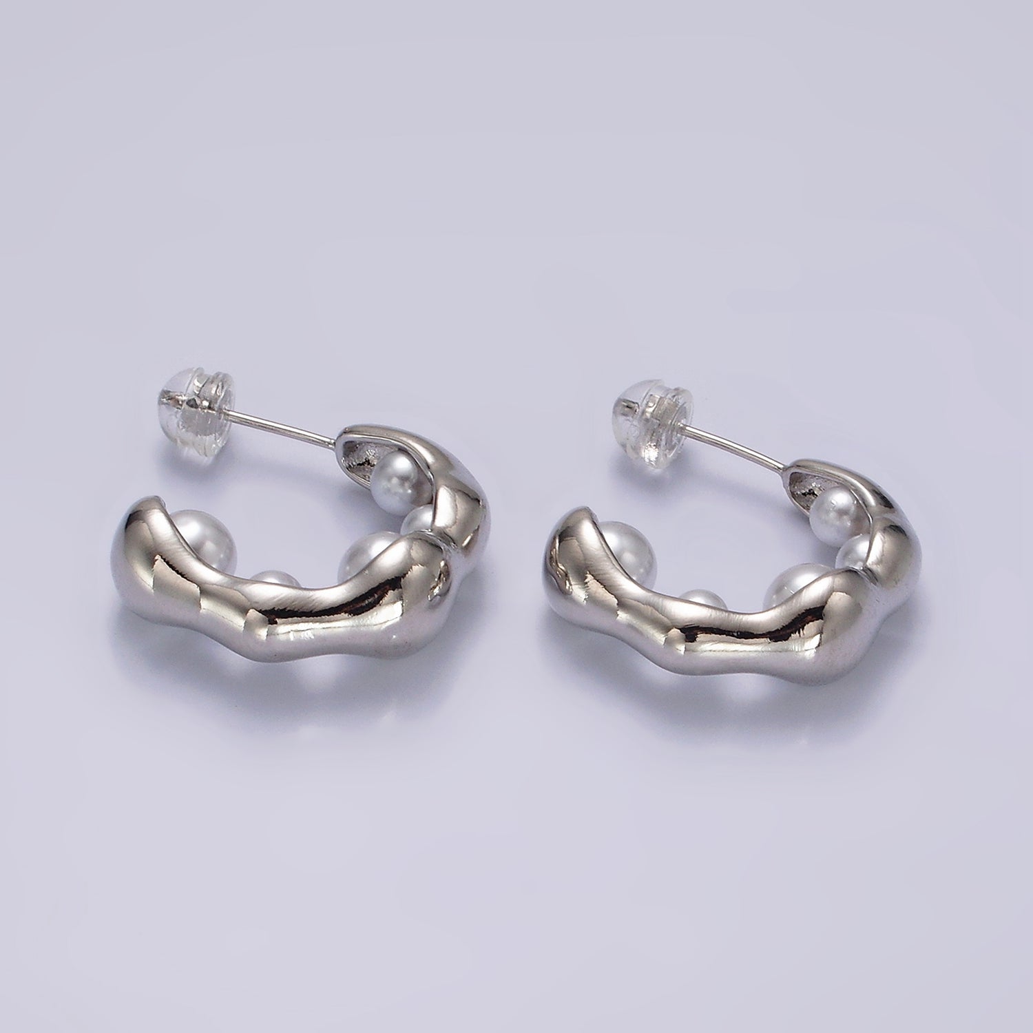 14K Gold Filled Pearl Lined Molten C-Shaped Hoop Earrings in Silver & Gold | AE235 AE236 - DLUXCA