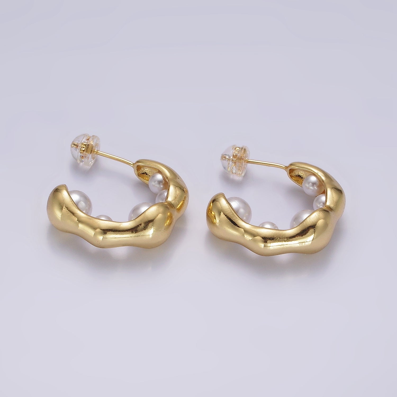 14K Gold Filled Pearl Lined Molten C-Shaped Hoop Earrings in Silver & Gold | AE235 AE236 - DLUXCA