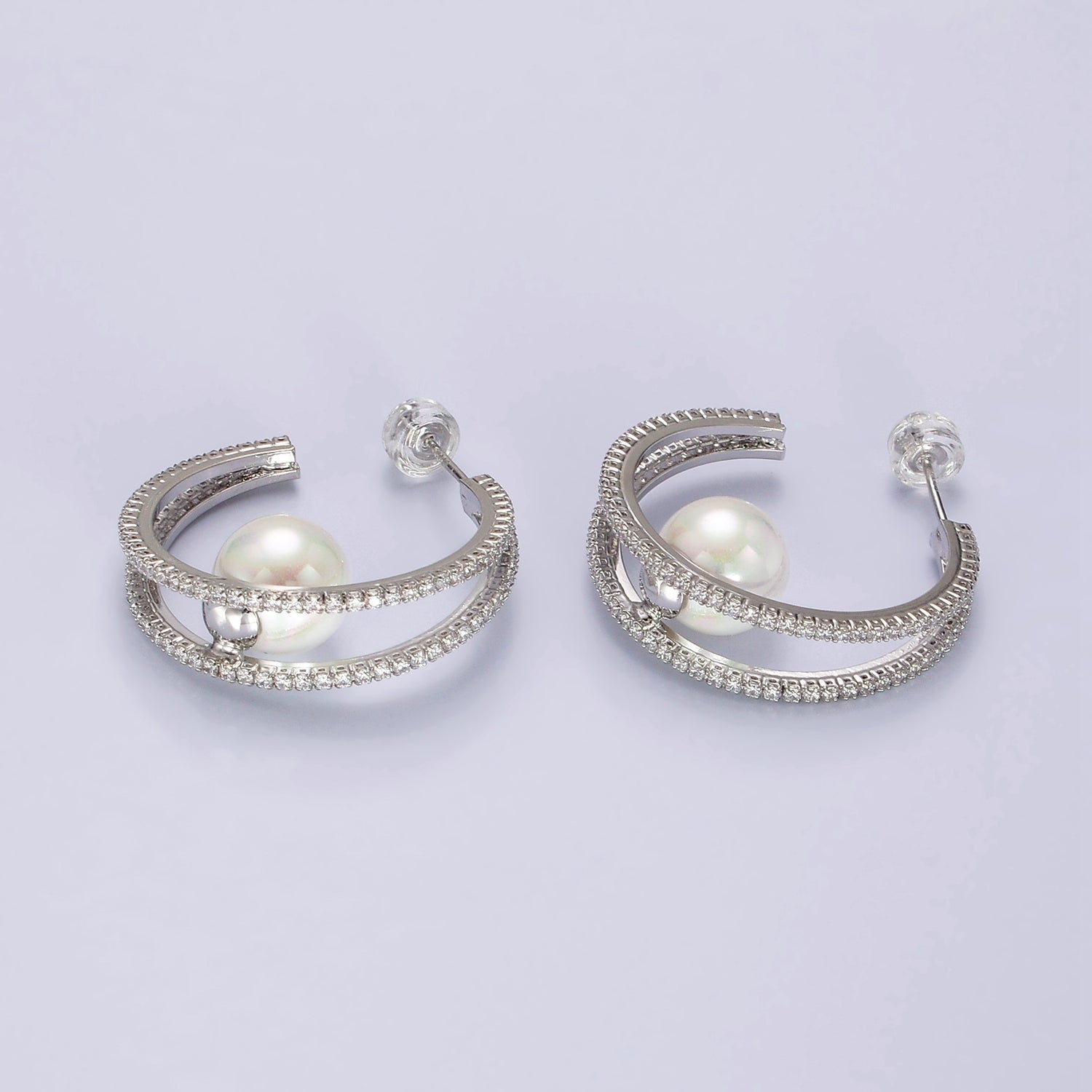 14K Gold Filled 30mm Pearl Double CZ Lined C-Shaped Hoop Earrings in Silver & Gold | AE238 AE239