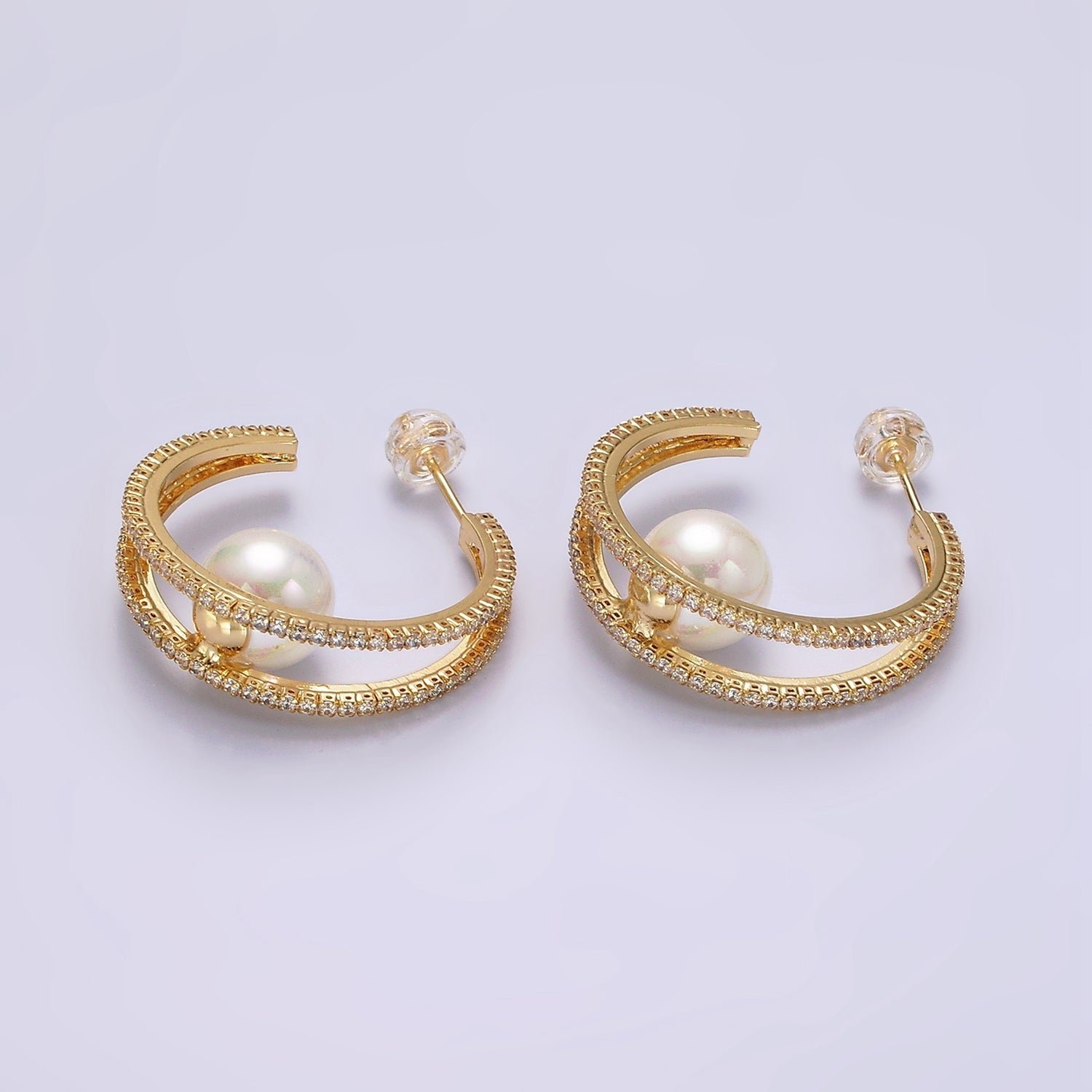 14K Gold Filled 30mm Pearl Double CZ Lined C-Shaped Hoop Earrings in Silver & Gold | AE238 AE239 - DLUXCA