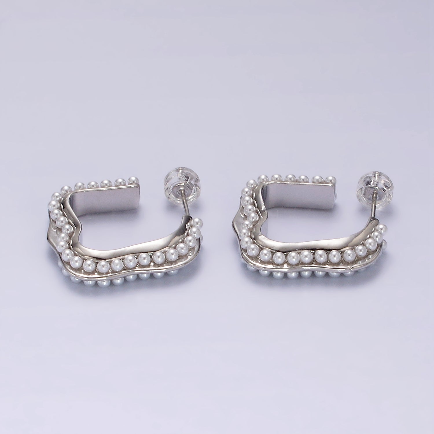 14K Gold Filled 20mm Pearl Lined Boxy J-Shaped Hoop Earrings in Silver & Gold | AE241 AE242 - DLUXCA