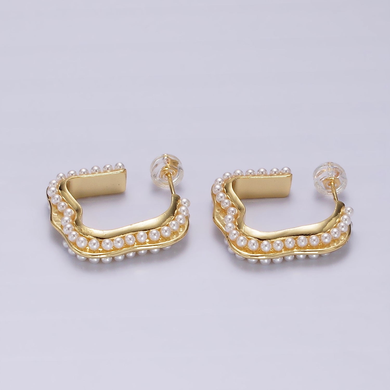 14K Gold Filled 20mm Pearl Lined Boxy J-Shaped Hoop Earrings in Silver & Gold | AE241 AE242 - DLUXCA