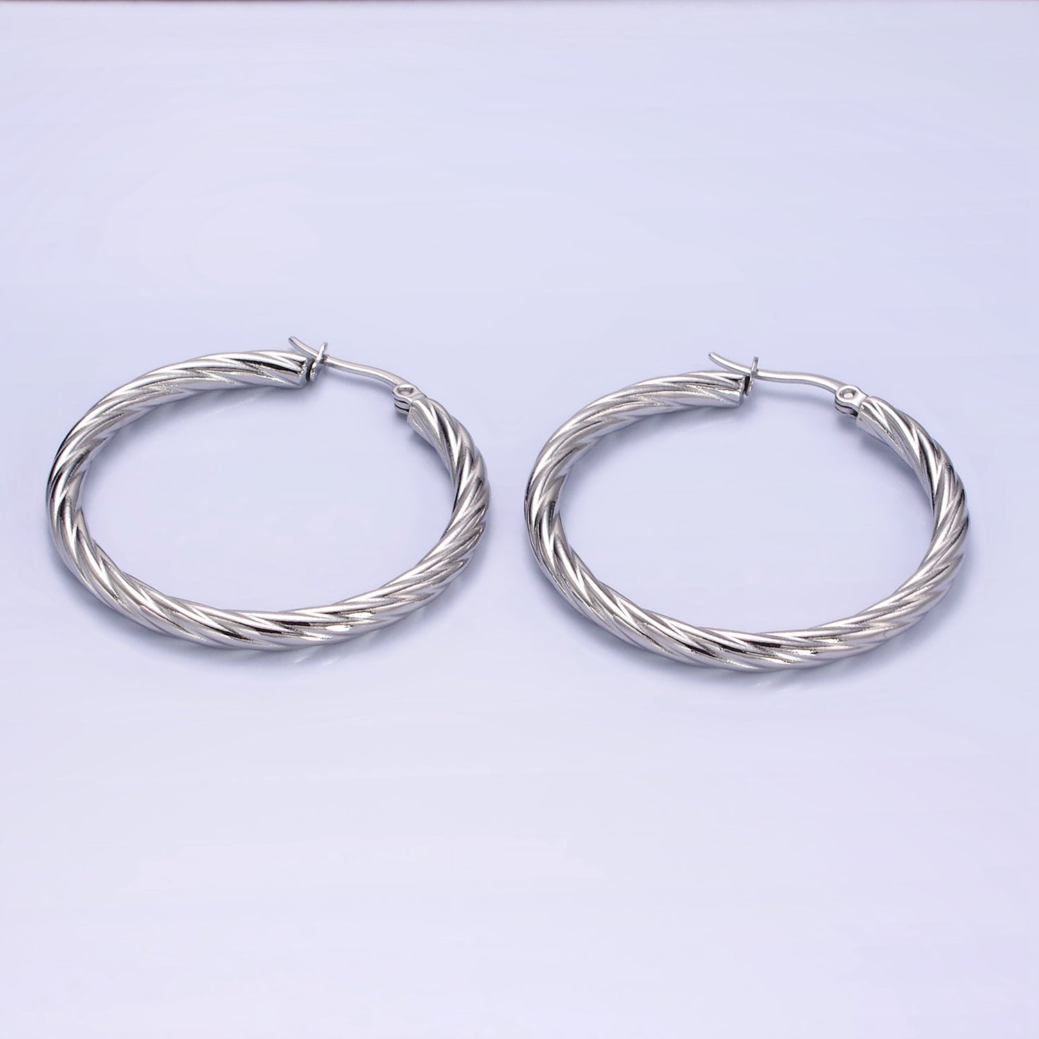 Stainless Steel 40mm Twisted Line-Textured Latch Hoop Earrings | AE247