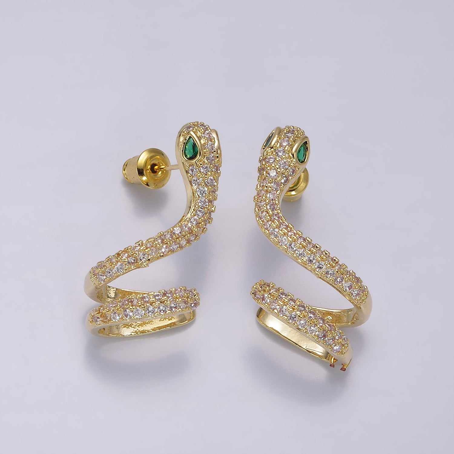 14K Gold Filled Green-Eyed Snake Serpent Micro Paved CZ Stud Earring Set | AE252 - DLUXCA