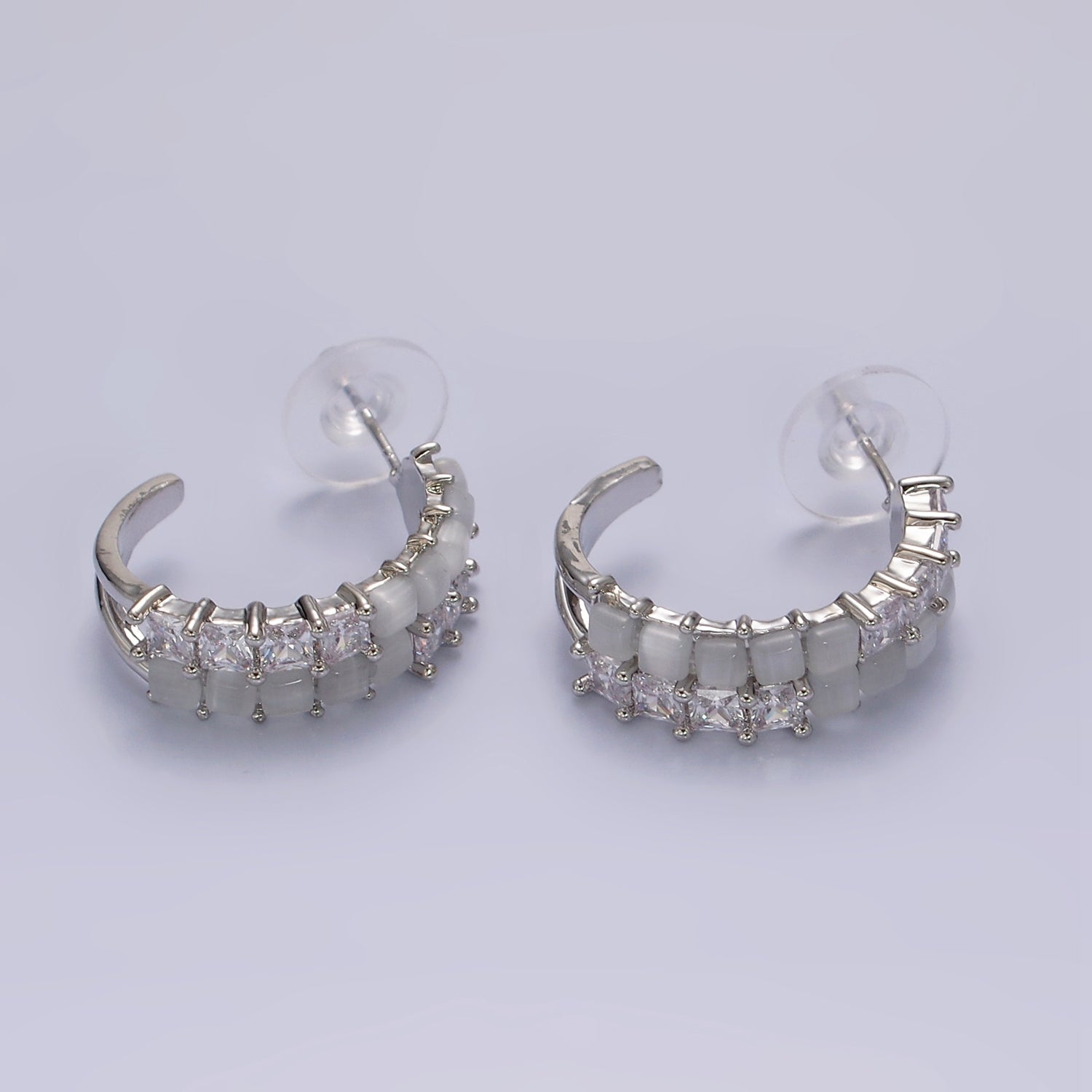 14K Gold Filled Clear CZ White Cat Eye Double Lined C-Shaped Hoop Earrings in Gold & Silver | AE307 AE308